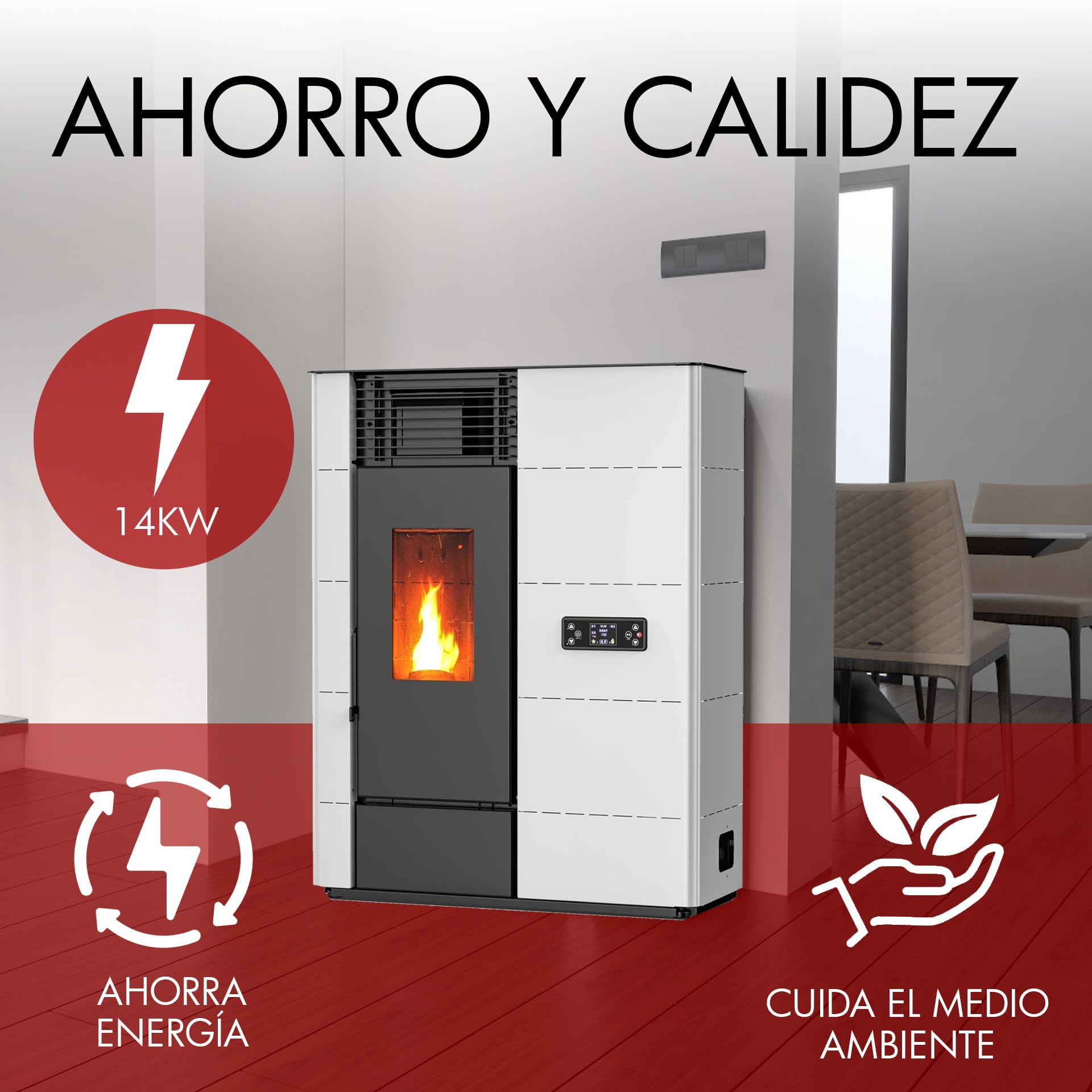 HOME&SOFAS Estufa Pellets de Pasillo | 14Kw Canalizable | Estufa Eléctrica para 140m² | Estufa de Pellets Pequeña con Mando y Programación Automática, Wifi Opcional, Tolva 22 Kg | Calefactor Eficiente