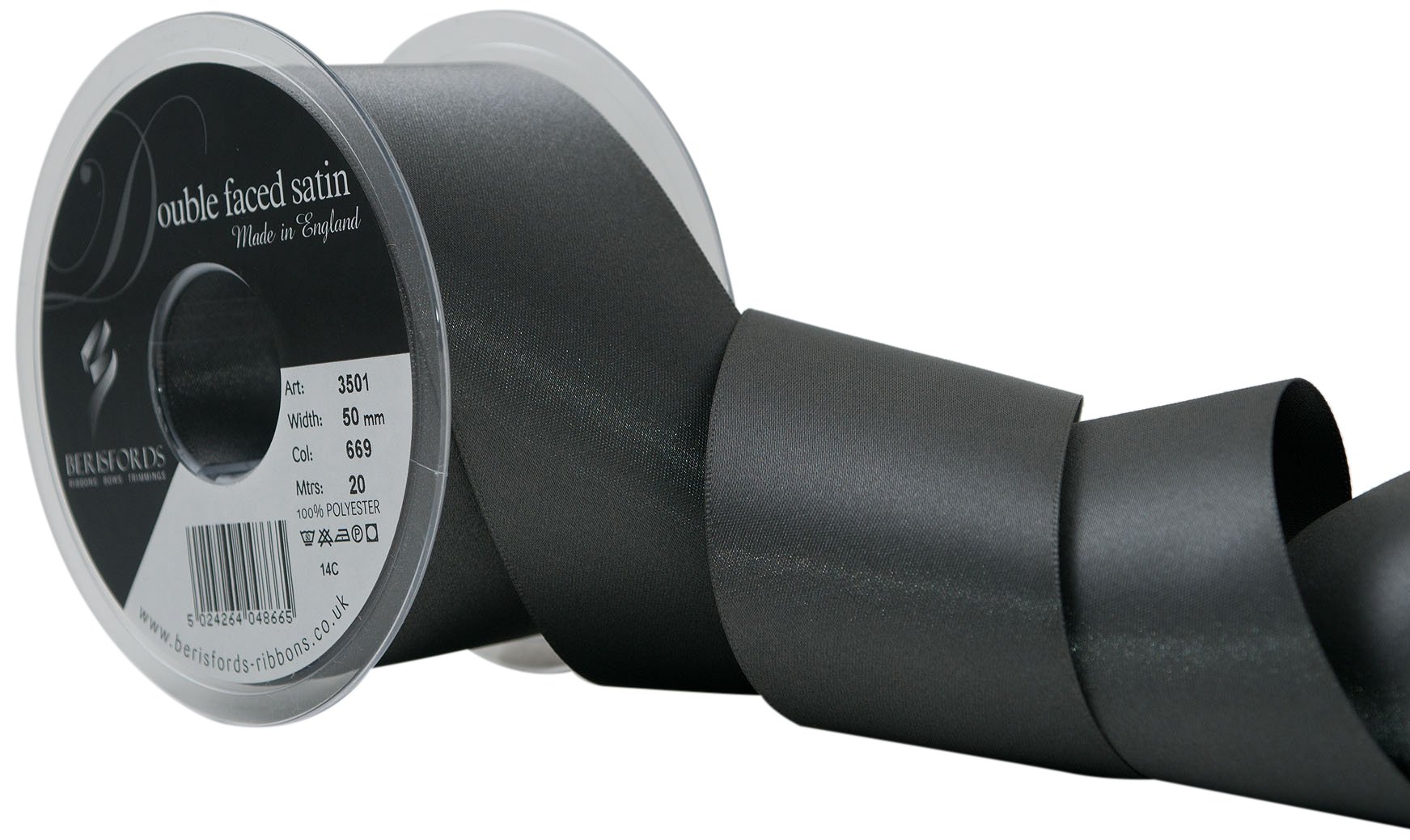 Berisfords 3501 Double Satin Ribbon, Smoked Grey, 50 mm