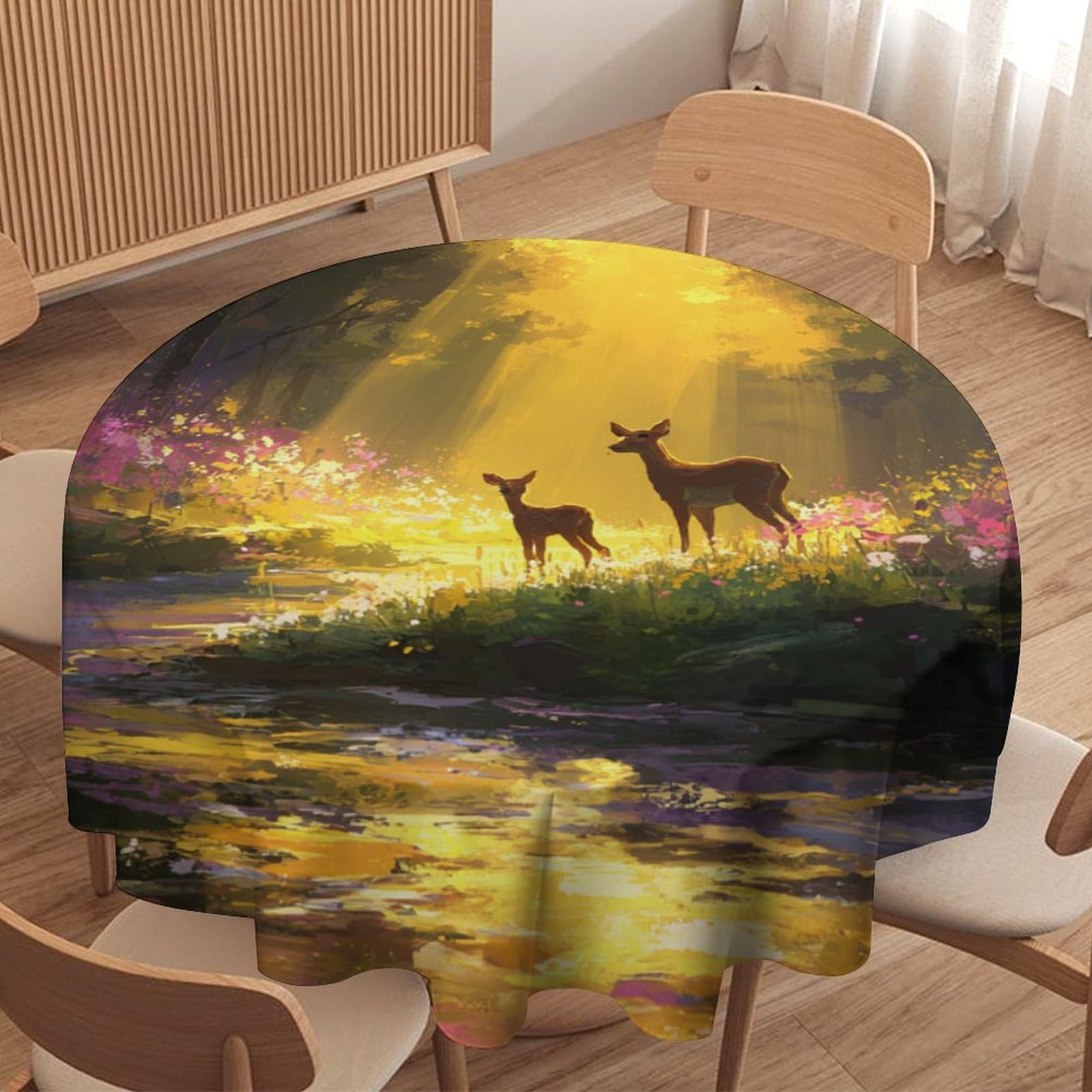 LUYYSKY Modern Realistic Animal Deer Waterproof Round Tablecloth Fantasy Western Spring Forest Pink Floral Hunting Theme Wildlife Elk Washable Table Cover for Kitchen-91.4" Wx91.4 L cm