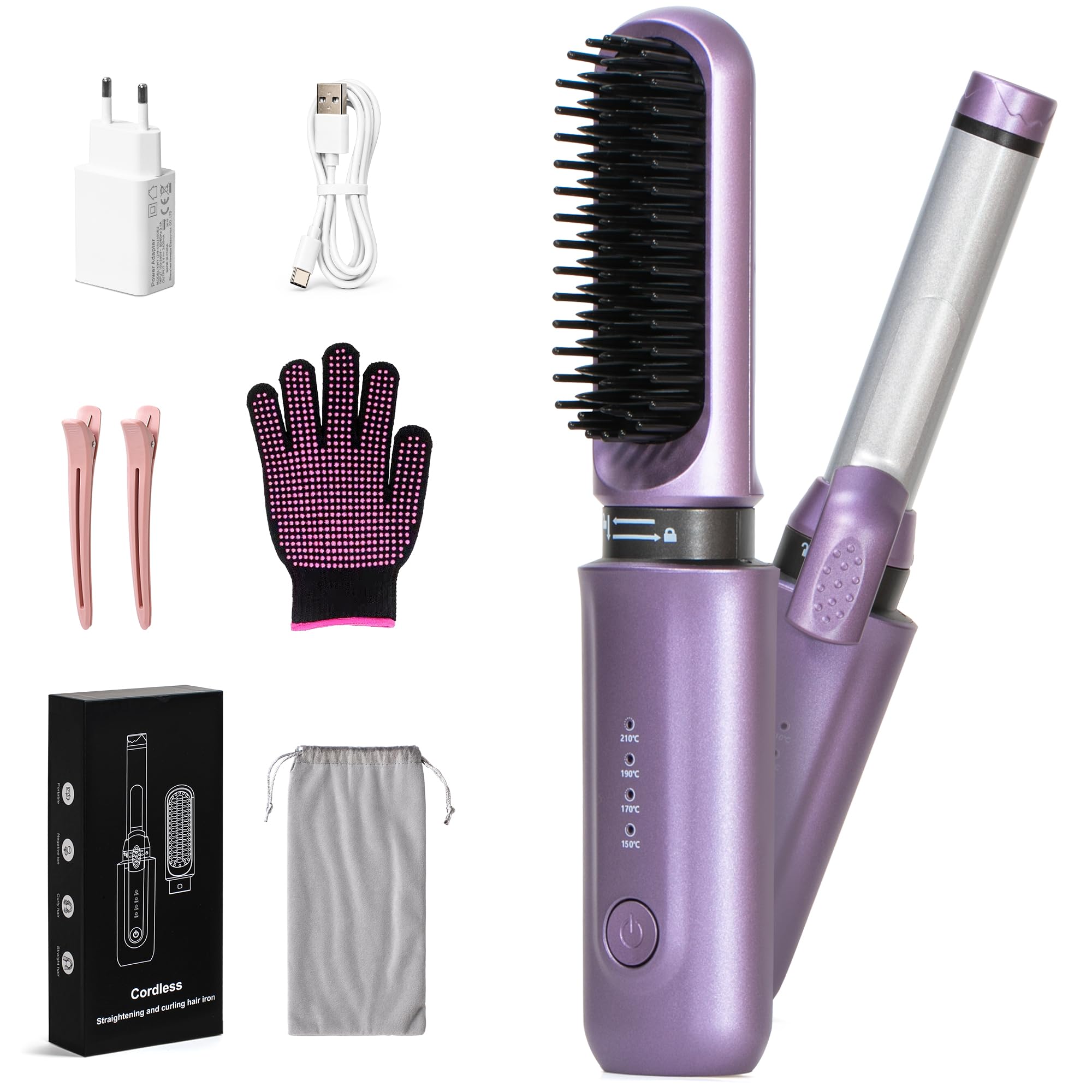Cepillo para rizar y alisar inalámbrico 2 en 1, mini cepillo de viaje portátil para mujeres, color morado
