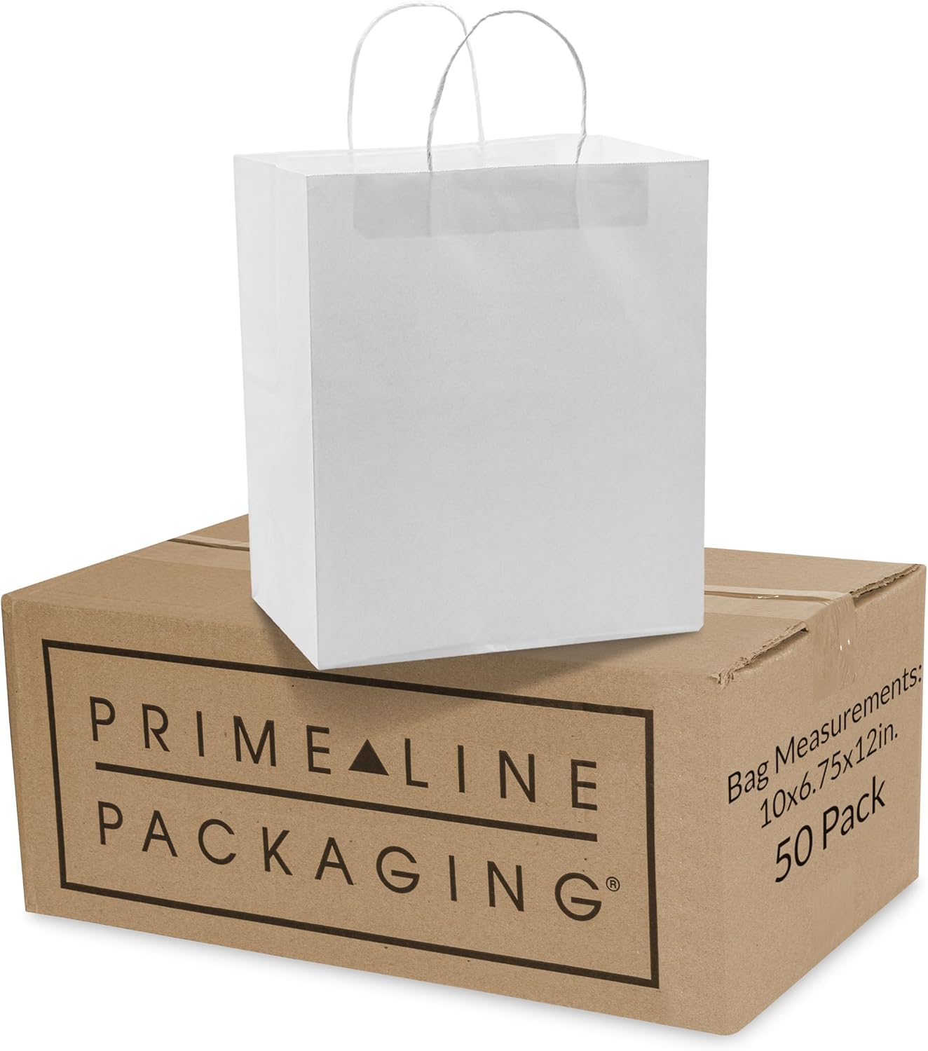 Prime Line Packaging White Paper Bags, Kraft Gift Bags with Handles for Small Business, Shopping, Take-out Goodies, Bistro, Boutique, Bulk, 10x6.75x12, 50 Pack