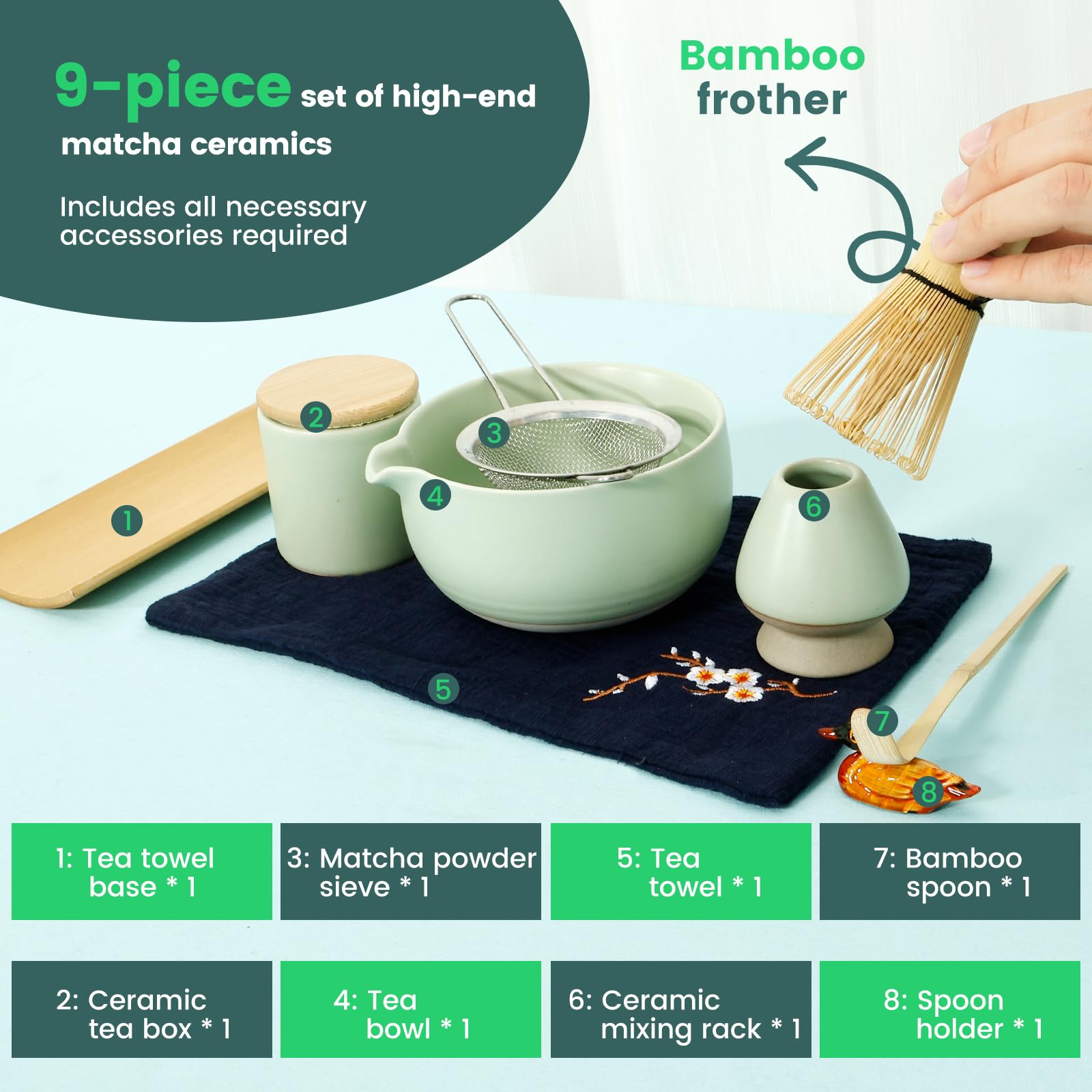 Matcha Set, 9 Stück Schneebesen Set Teelöffel Besenhalter Löffelhalter Schüssel Küchenhandtuch Sieb und Pulverbox Japanisches Matcha-Zeremonie-Zubehör (9 Zoll)