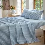 Striped Bedding Sheet Set 4 Pcs,100% Washed Cotton Linen Like,1 Fitted Sheet,1 Flat Sheet and 2 Pillowcases,Comfy Textured Sheet Set(Strip-Pine Bark Brown/Black,King Size)