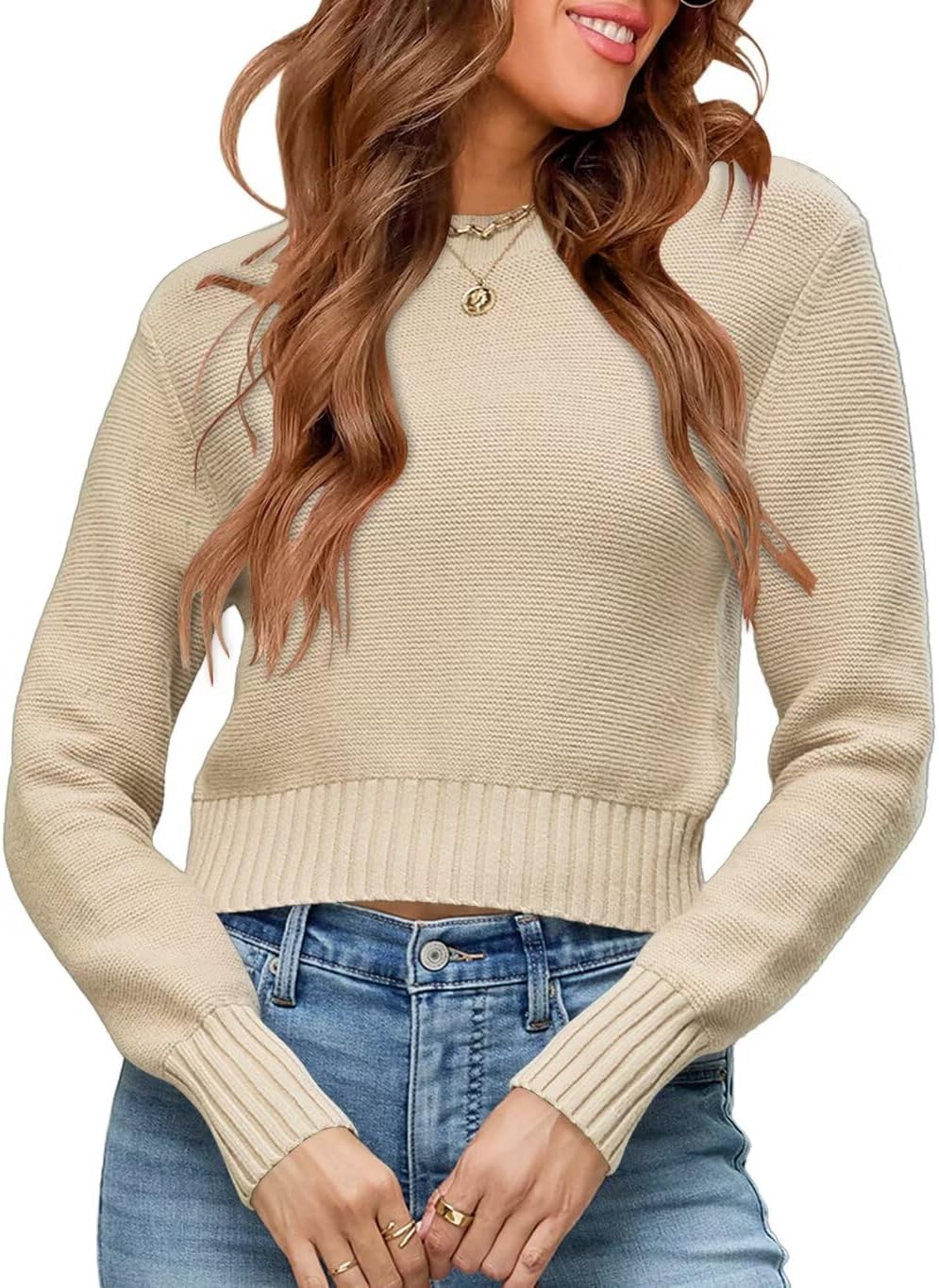 JPGLOV Womens Fall Cropped Sweaters 2026 Trendy Long Sleeve Crewneck Ribbed Knit Pullover Jumper Tops