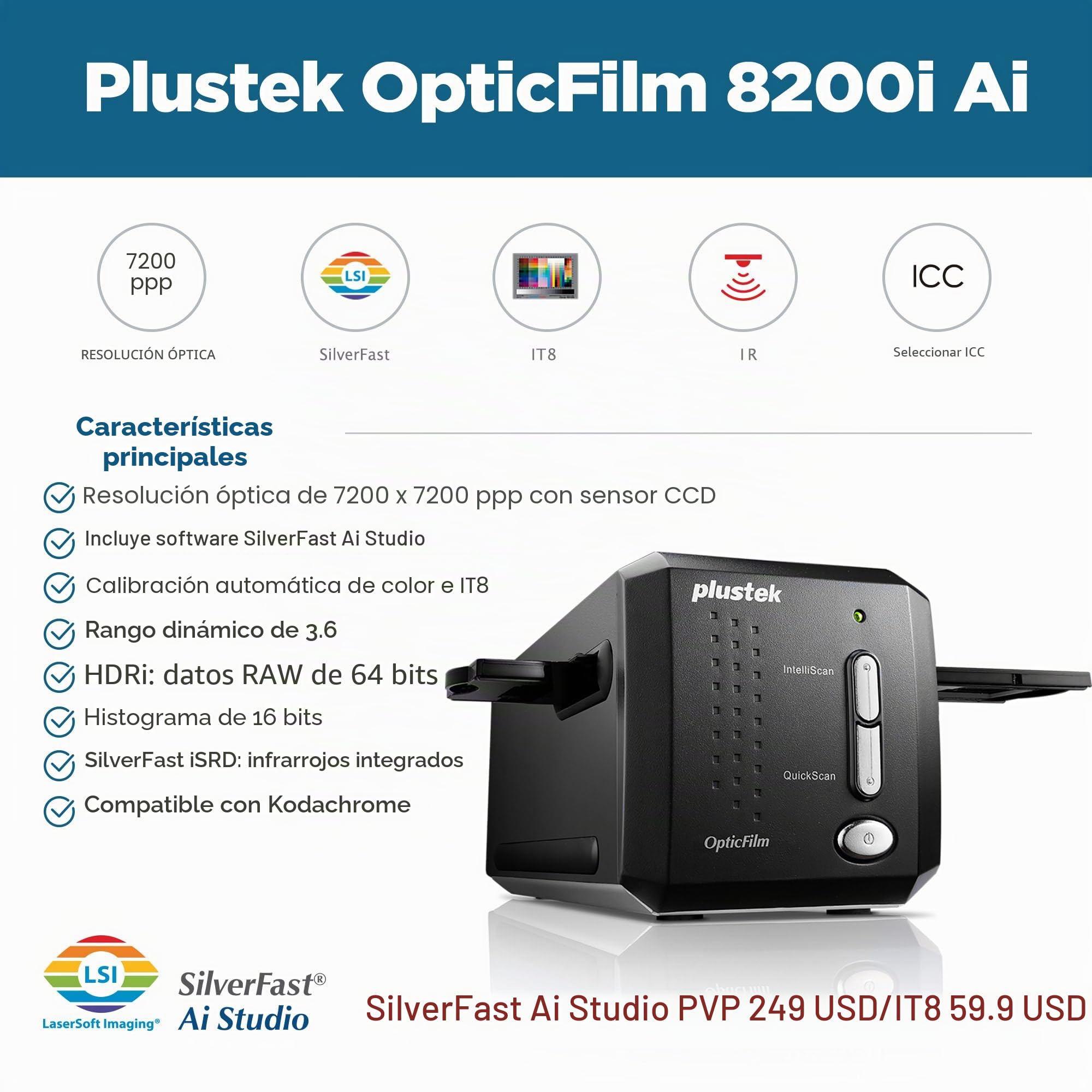 Plustek OpticFilm 8200i AI Film/Slide Scanner 7200 x 7200DPI Negro - escáneres (36,8 x 25,4 mm, 7200 x 7200 dpi, 48 bit, 24 bit, 36 seg/página, 113 seg/página)