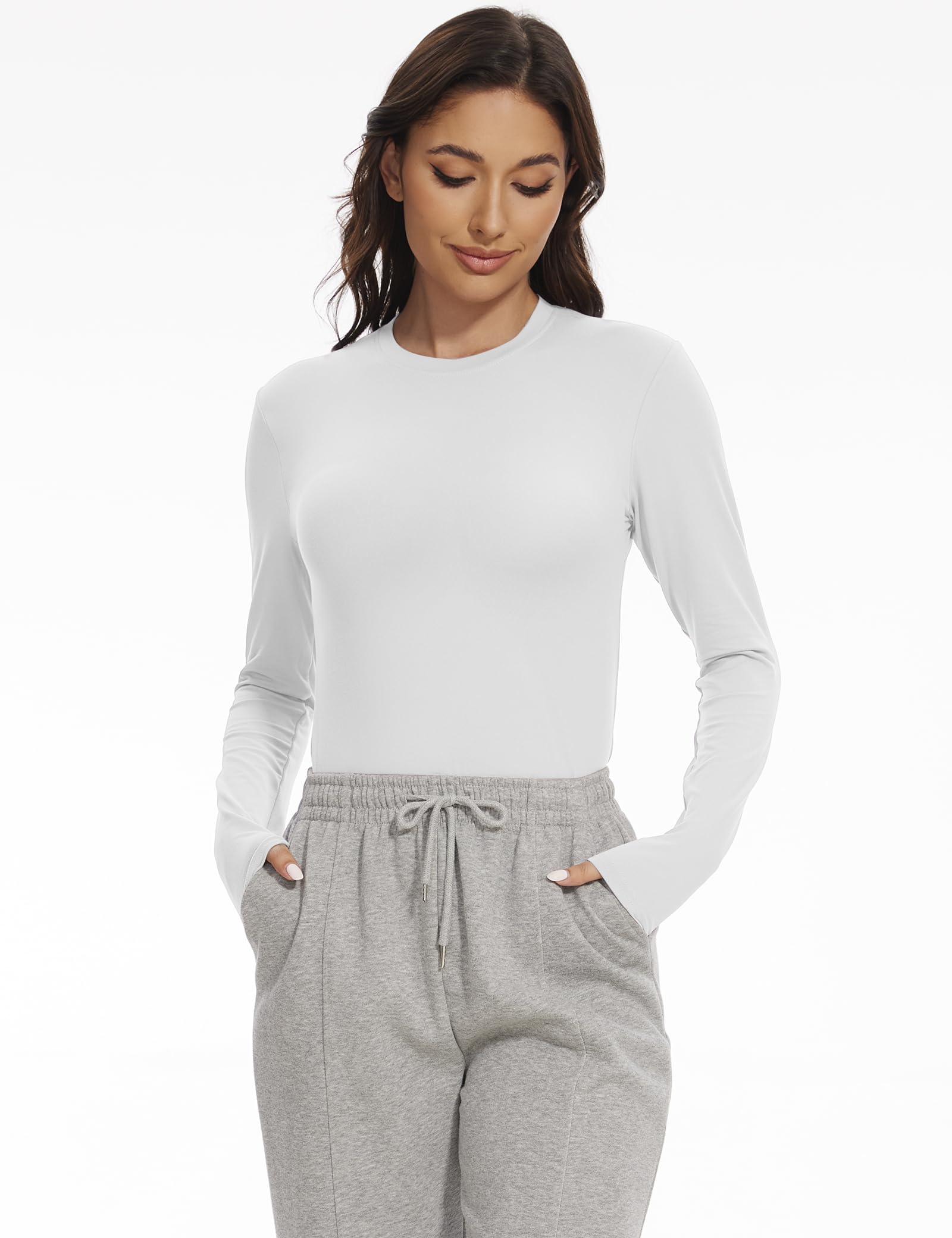 5 Pack Womens Basic Long Sleeve Shirts Crew Neck Slim-Fit Fitted T Shirts Tops Undershirts Underscrub Baselayer