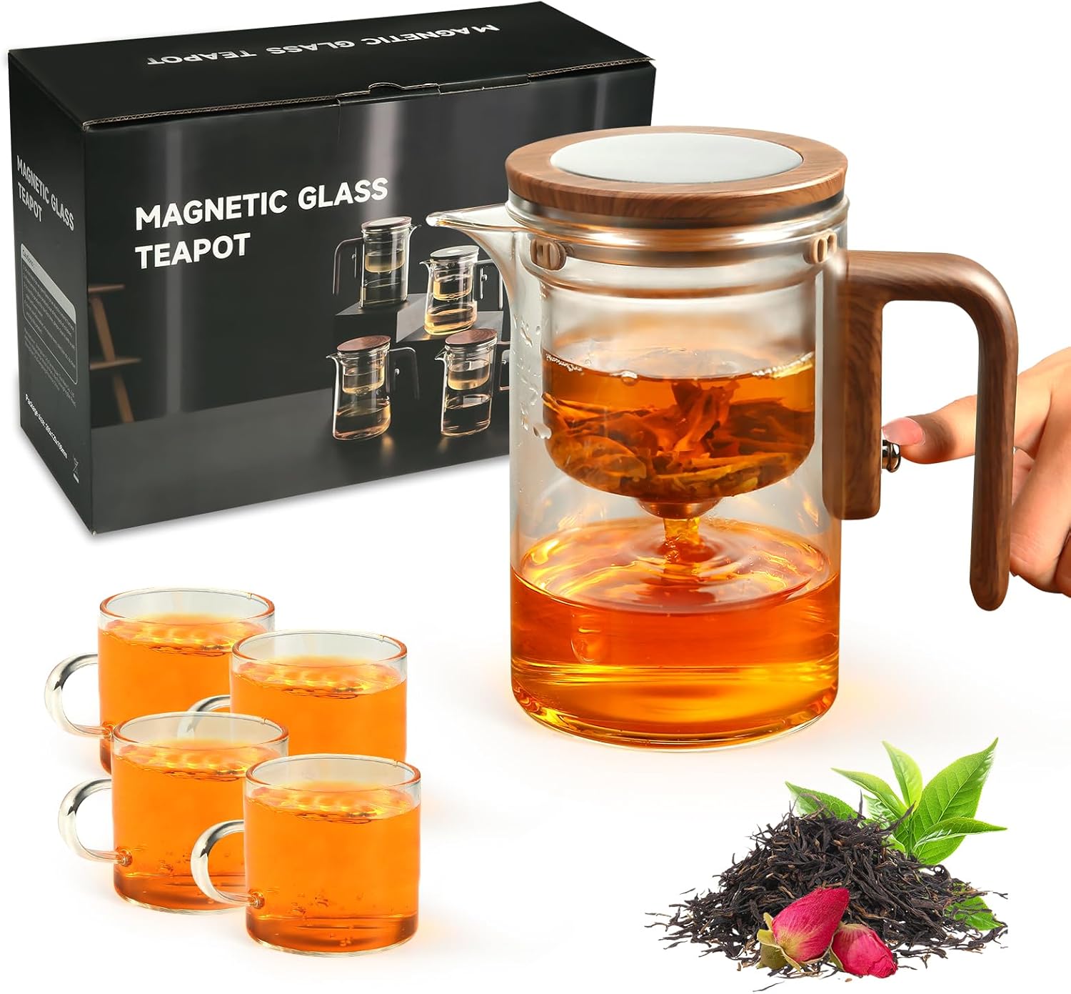 5Pcs Enchanti Tea Pot, Magic Witchcraft Enchanted Glass Teapot with Strainer -600ML,Divided Glass Teapot with Wooden Handle with 4 Wall Teacups,Push Control Magic (18FL-OZ)