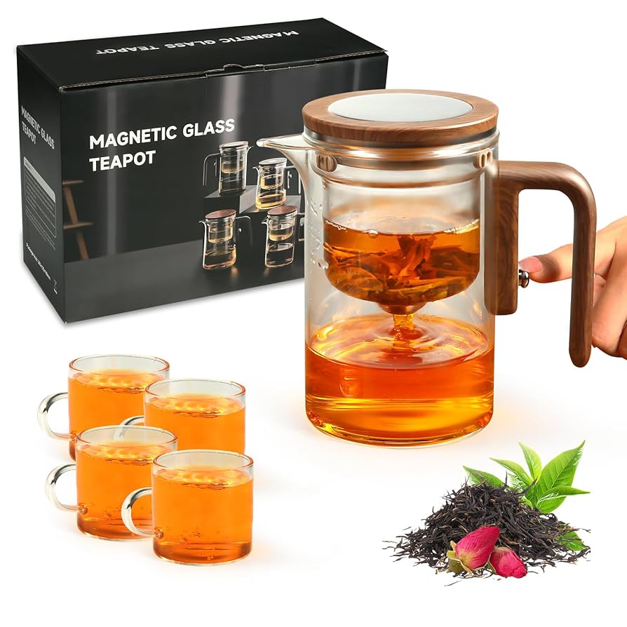5Pcs Enchanti Tea Pot, Magic Witchcraft Enchanted Glass Teapot with Strainer -600ML,Divided Glass Teapot with Wooden Handle with 4 Wall Teacups,Push Control Magic Teapot (18FL-OZ)