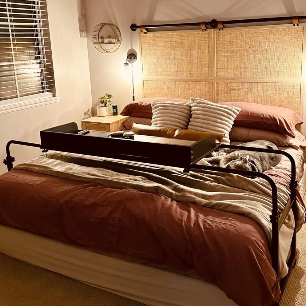 Overbed Table with 360° Wheels, Queen Size Mobile Bed Desk, Recliner Table Over Bed Table Adjustable Height and Length Overbed Table with Heavy Duty Metal Leg for Hospital and Home use