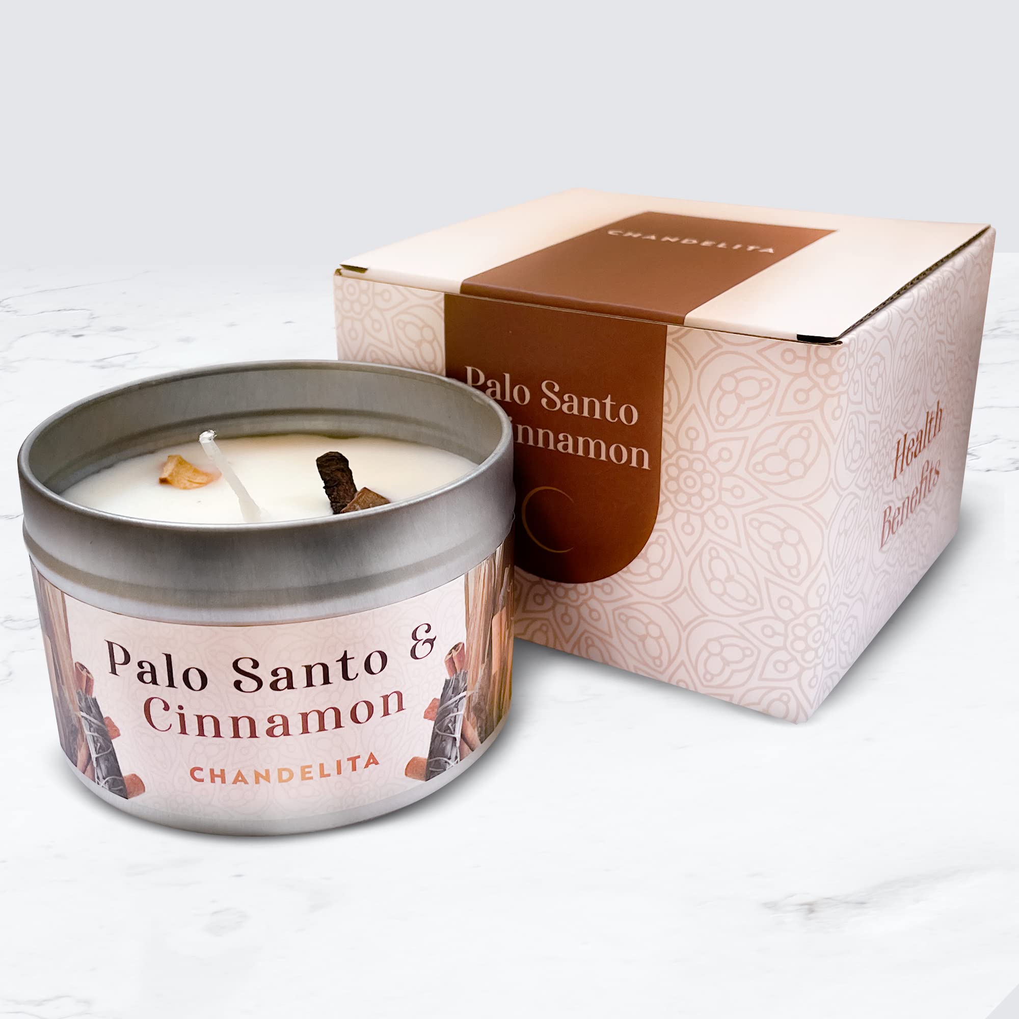 Aromatyczna Świeca o Zapachu Palo Santo i Cynamonu Cejlońskiego z Wosku Sojowego i Olejków Eterycznych z Palo Santo i Kawałkami Cynamonu – Świece Zapachowe – Świece Dekoracyjne – Relaks i Medytacja