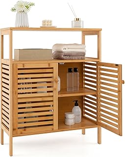 Giantex Storage Cabinet, Bamboo Bathroom Floor Cabinet with Double Louve...