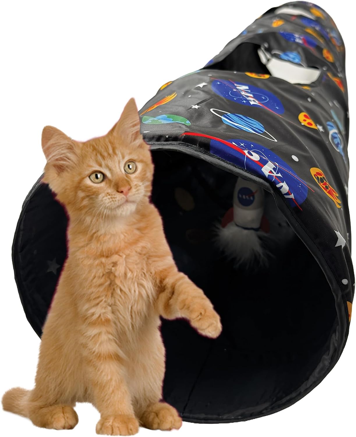 Pets First NASA Cat Tunnel Tube Toy with Plush Spaceship Catnip and Feathers Collapsible Tunnel for Cats to Play, Peek and Hide, Fun Cat Tunnel Toy with NASA Logo All-Over Design!