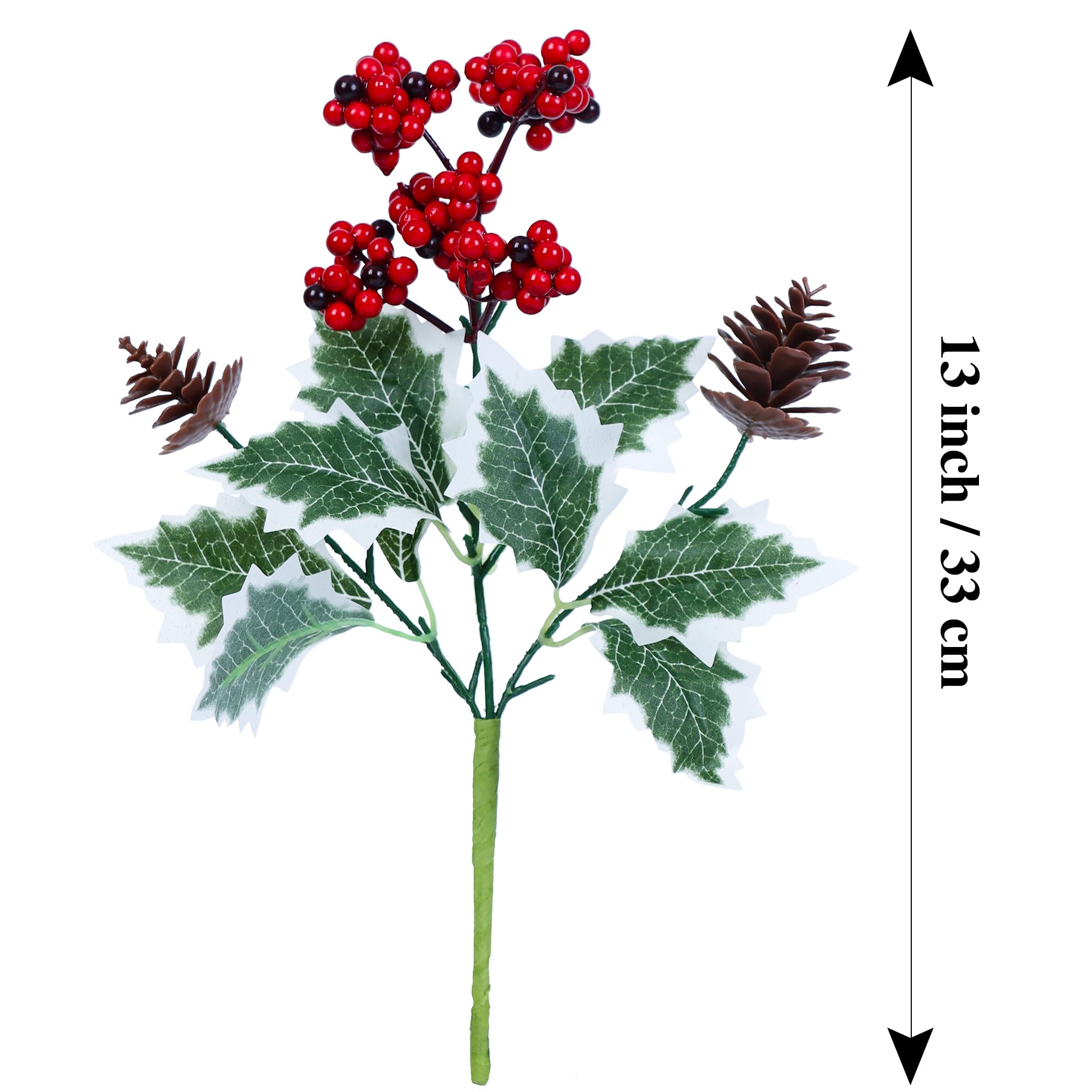 Künstliche Weihnachtsblumen, Stechpalme, rote Beeren, Tannenzapfen, Stiele, 30,5 cm lang, für Weihnachtsvase, Zuhause, Garten, Party, Arrangement, Tischdekoration, Kranz und Weihnachtsbaum, 4