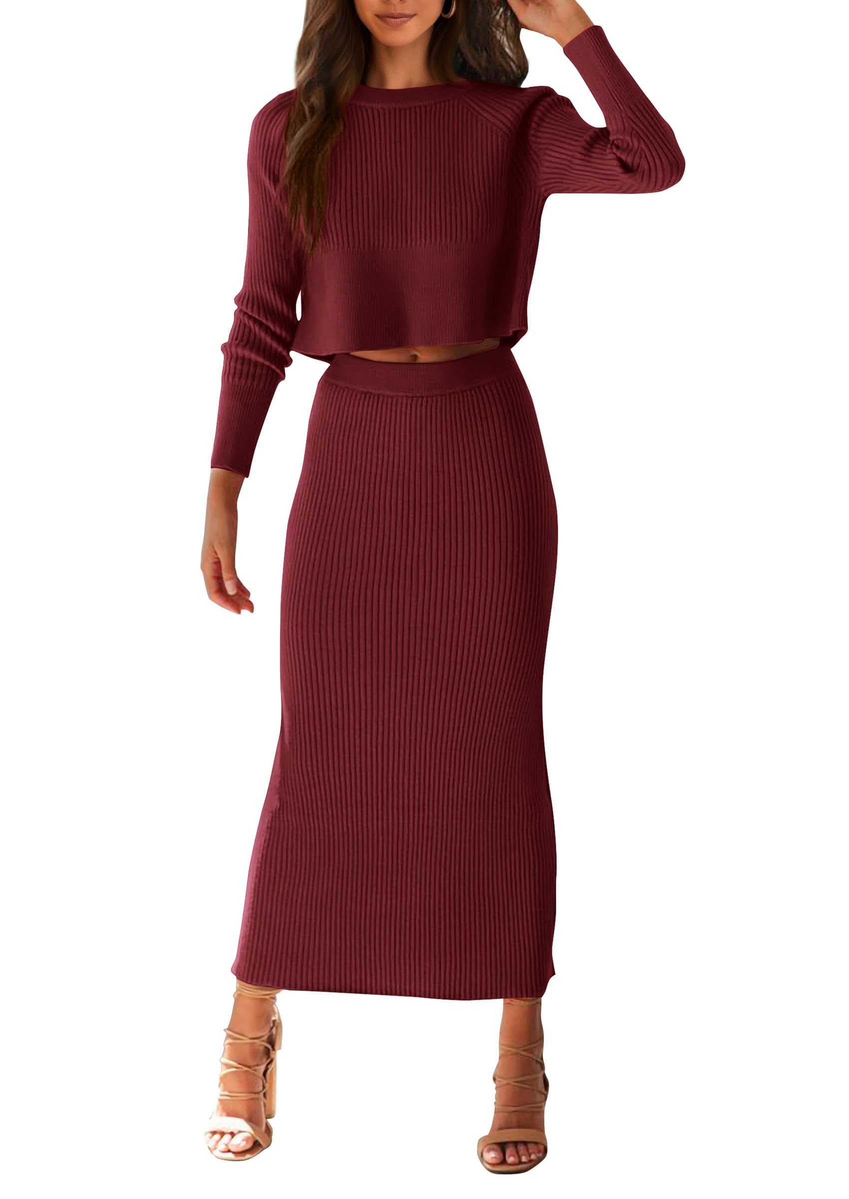 PRETTYGARDEN Womens Spring Fall 2 Piece Sweater Set Rib Knit Long Sleeve Crop Top Maxi Bodycon Skirt Casual
