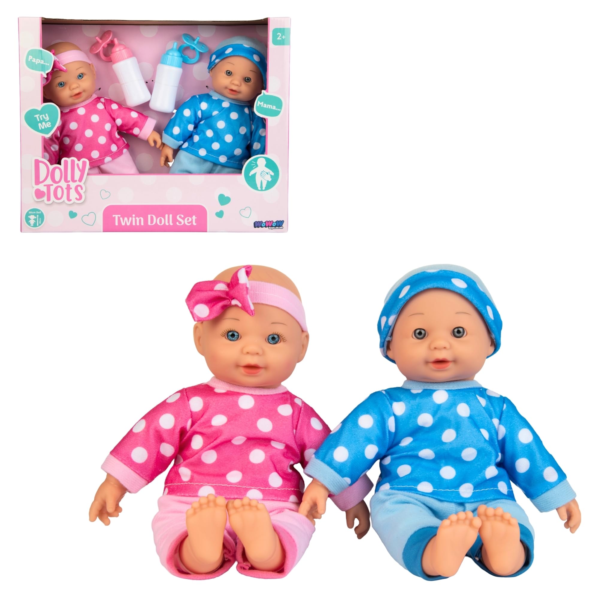 Dolly Tots Twin Dolls - Bambola parlante da 30 cm, bambola dal corpo morbido, bambole per carrozzine, passeggini e asilo nido, 5 suoni interattivi, ideale prima bambola per bambini, dai 18 mesi in su