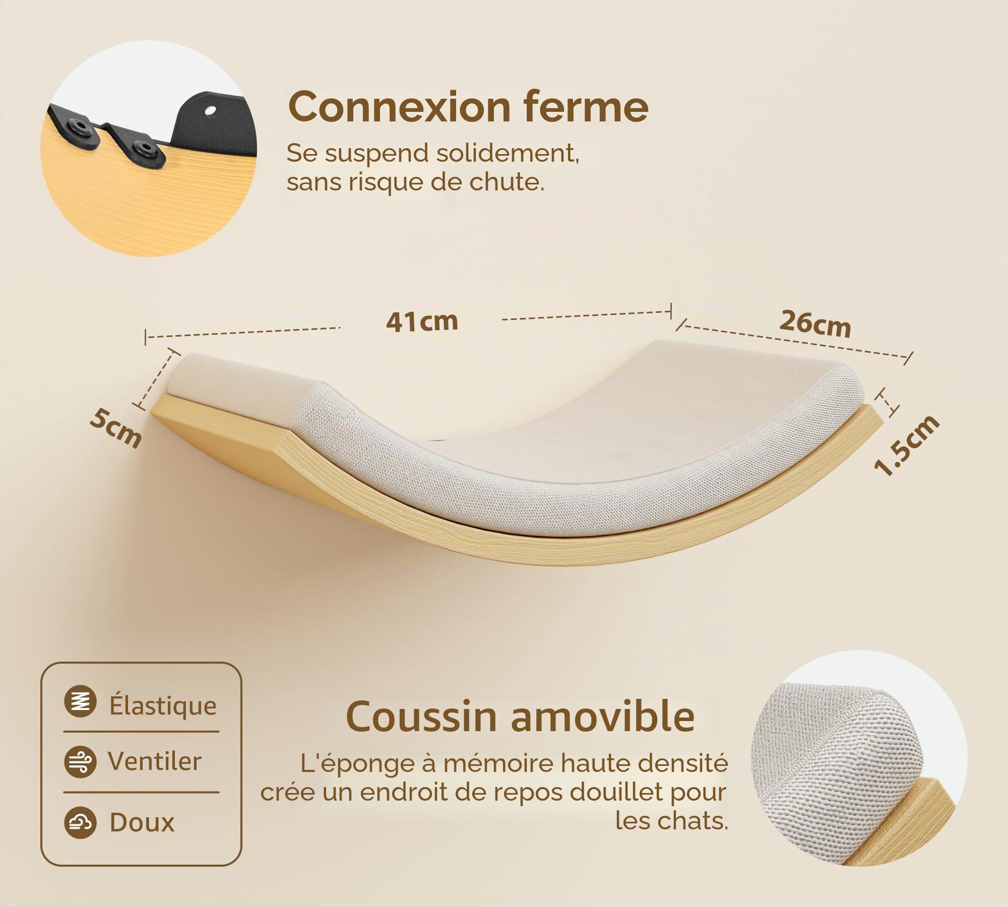 Étagères murales pour chats avec tapis en éponge, arbre d'escalade pour chat avec 2 marches carrées et plateformes incurvées, ensemble de meubles muraux en bois pour chat pour dormir et jouer