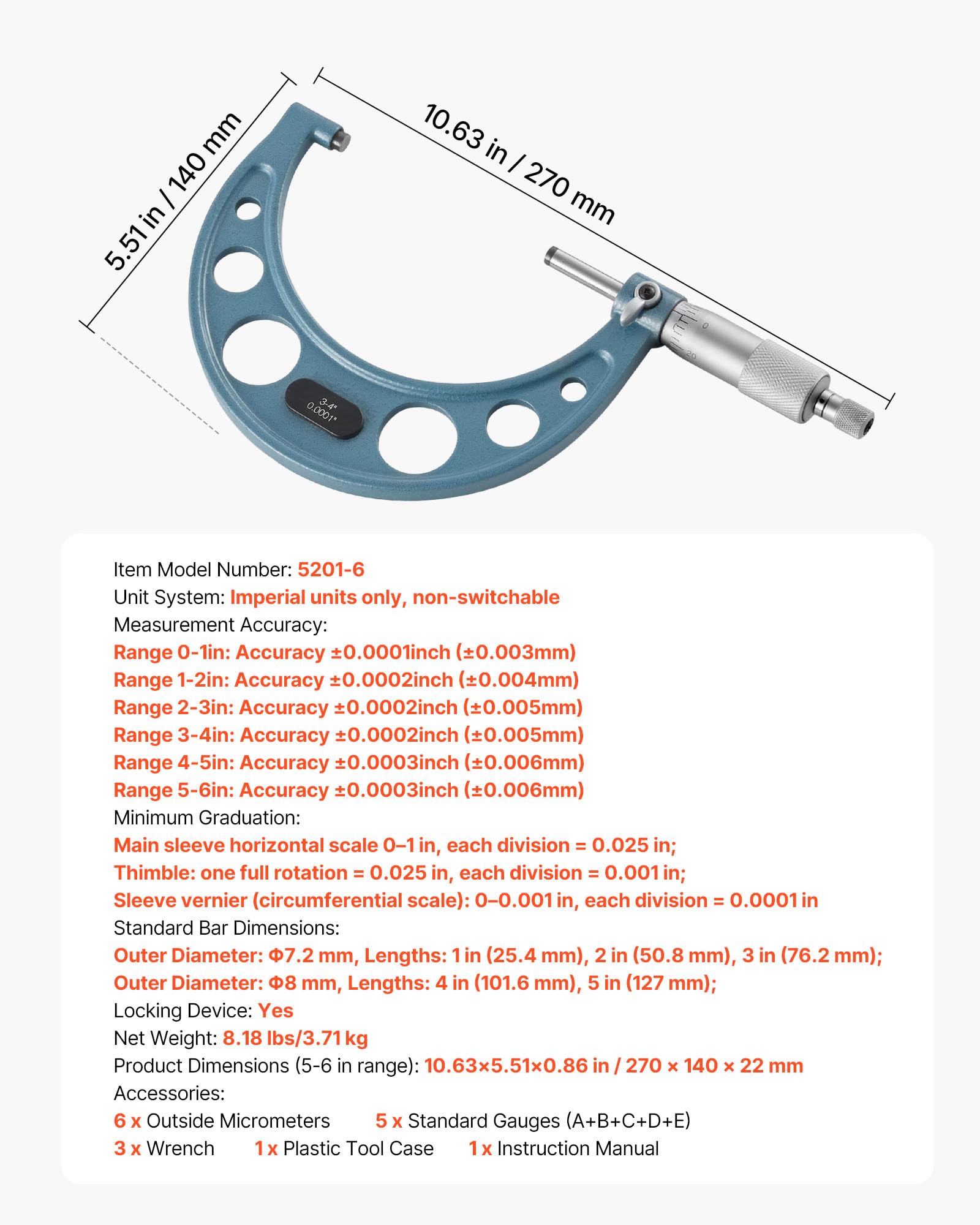 VEVOR Bügelmessschraube 4-tlg. Set, Mikrometer mit Messgenauigkeit von 0,0001/0,0002 Zoll, Messschraube für Metallbearbeitung & Maschinenbau, mit Schutzkoffer, 0-1/1-2/2-3/3-4/4-5/5-6 Zoll