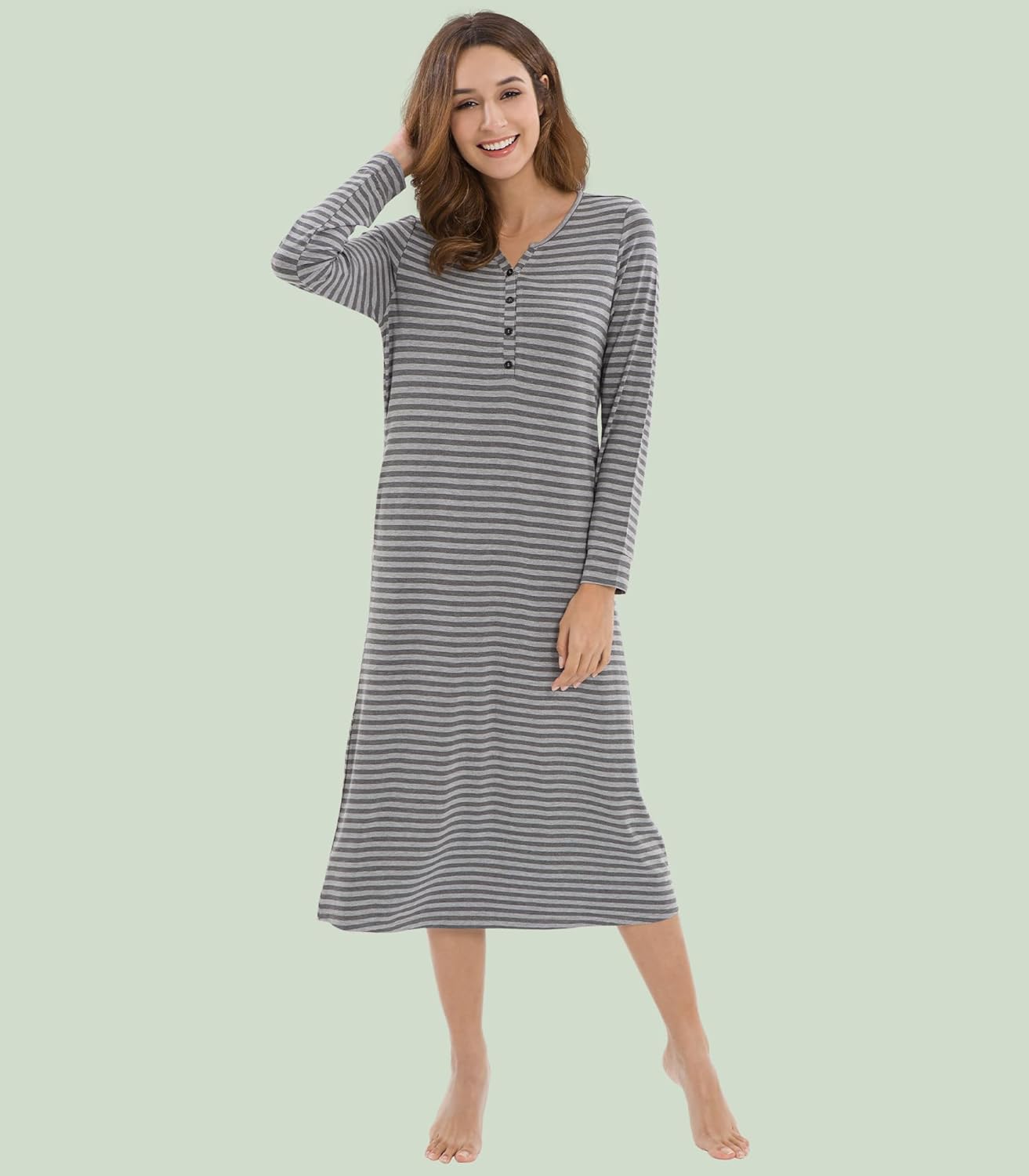 WiWi Nightgowns for Women Super Soft Sleepwear Long Sleeve V Neck Nightshirts Viscose from Bamboo Cooling Nightdress S-XXL - Image 3