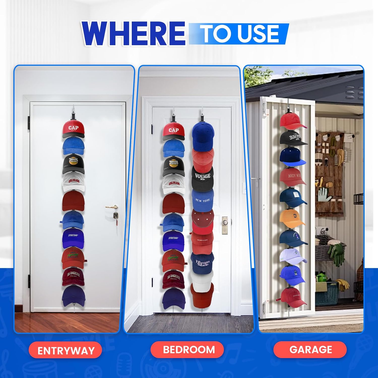 Hat Organizer for Baseball Caps, Over the Door Hat Rack with 10 Display Hooks and Hanger, 2-Way Hanging Hat Storage and Hat Holder for Bedroom, Entryway or Garage Doors – 1 Pack - Image 7