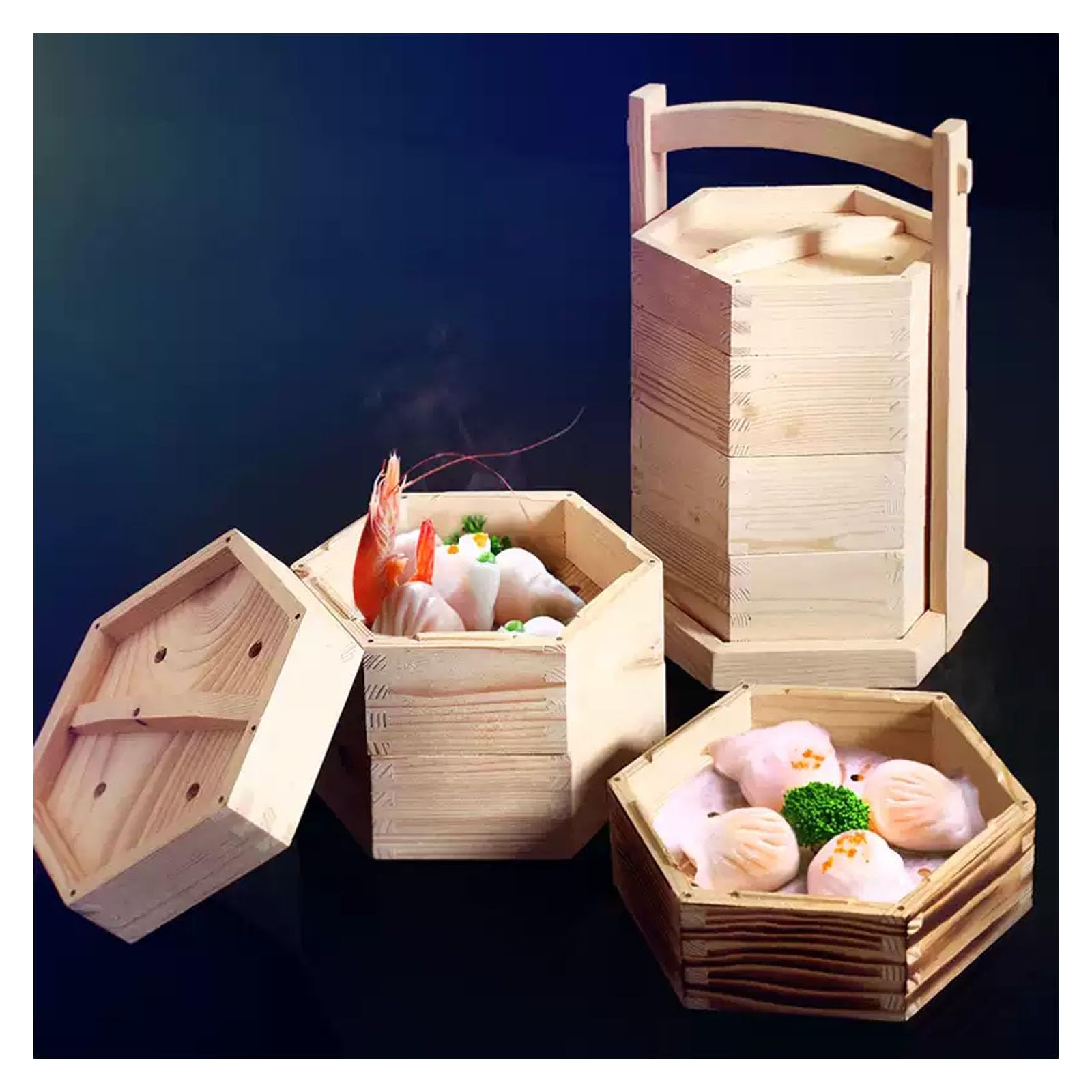 Cesta de hecha a mano con tapa, vaporizador de madera portátil de 3 niveles, vaporizador chino de bola de masa, for arroz y verduras Dim Sum