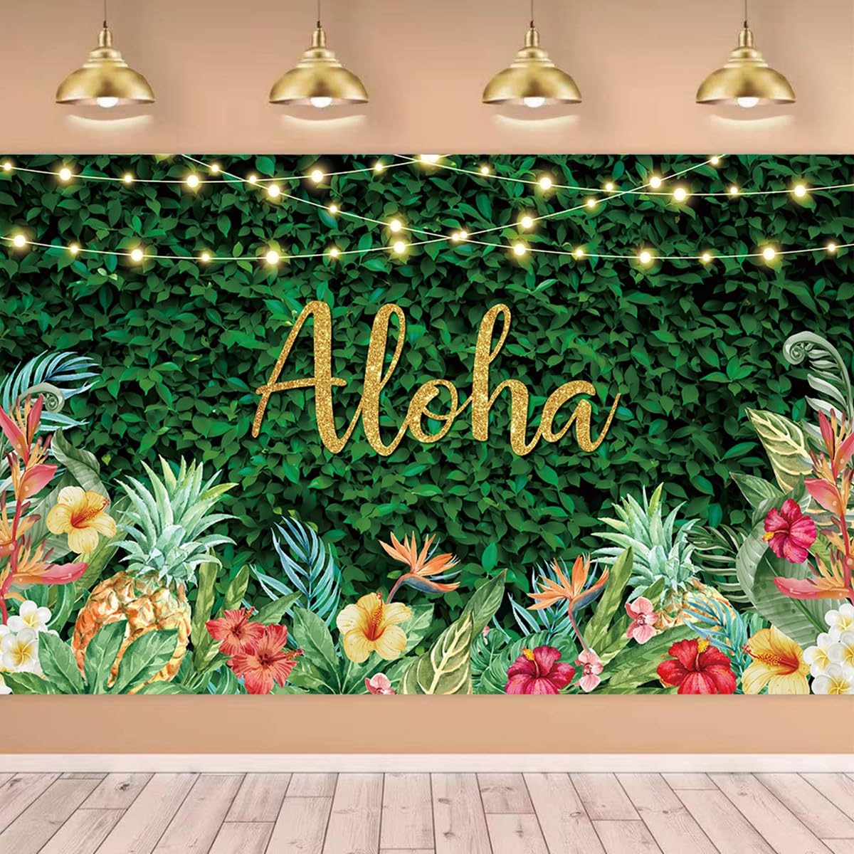 KYMY Large Summer Aloha Party Backdrop Banner with 70.9''X43.3'',Hawaiian Luau Floral Palm Leaves Pineapple Banner Sign,Hawaii Theme Photograph Background Supplies (Gold)