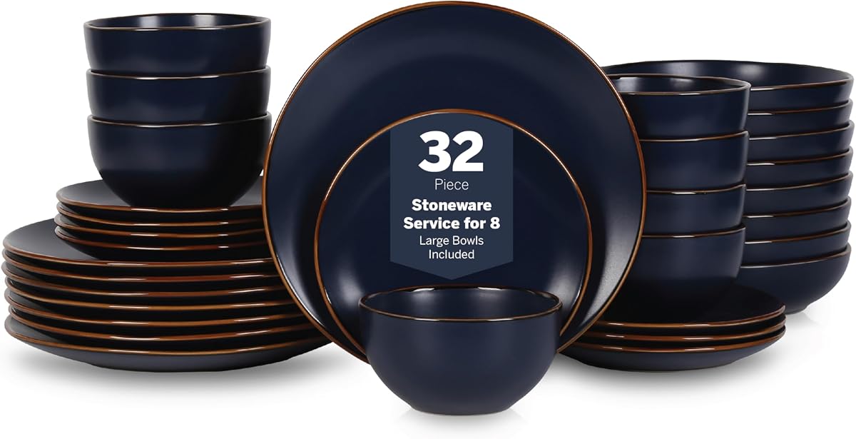Brasa Stoneware 32 Piece Modern Dinnerware Sets, Plates and bowls, Service for 8, Blue, Microwave & Dishwasher Safe