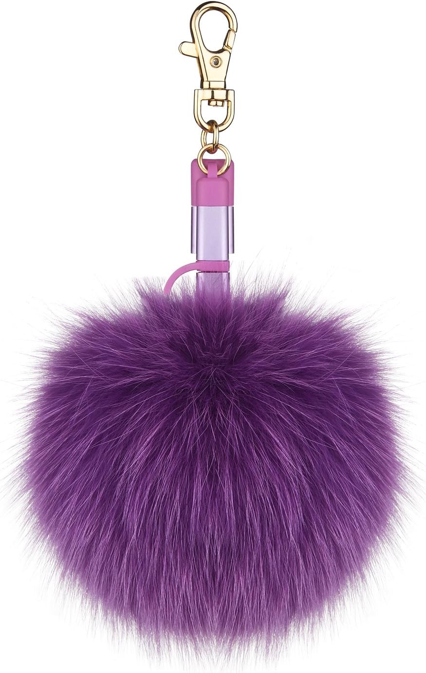 Fur Pom Pom Ball Keychain Charger Cable,Milletech 2in1 Lightning & Micro USB Charging Cable Compatible iPhone X 8 Plus iPad Samsung Huawei Mobile Phone Handbag Purse Charms(Not Work Type-C Devices)
