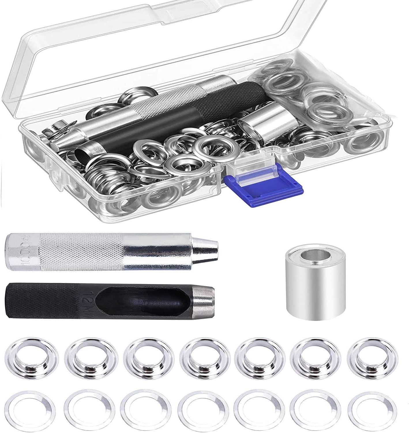 Occhiello Strumento Kit, 12Mm Occhiellatrice Per Teloni Strumento Installazione Grommet Rondelle Con Strumenti Occhielli Metallici Per Scarpe Borse Abbigliamento Fai-Da-Te Artigianato 100 Pezzi