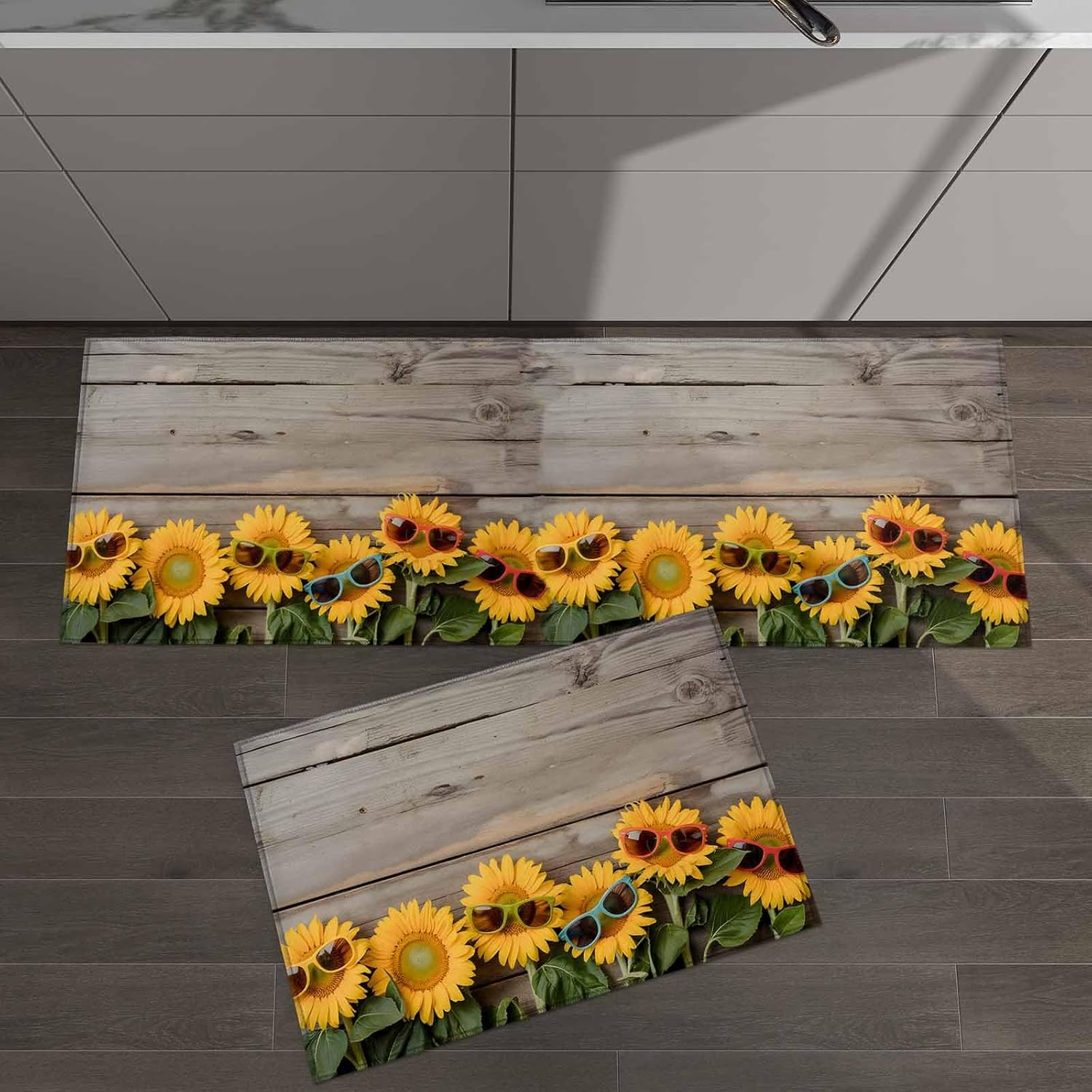 2 Pieces Kitchen Rugs and Mats,Abstract Sunflower with Sunglasses Area Runner Rug Set Non Slip Floor Doormat Washable Carpet Standing Mat for Kitchen Sink Indoor Corridor,Summer Flower on Wood Board
