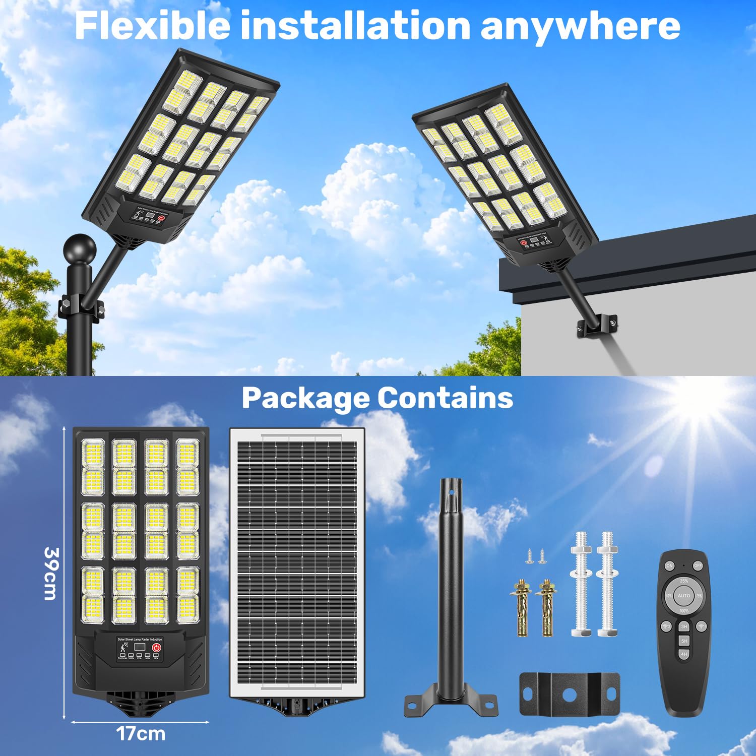 Solarlampen für Außen, superhelle 6000K LED Solarleuchte mit Bewegungssensor und Fernbedienung, Solar Straßenleuchten für Außen IP66 Wasserdichte Solar-Außenleuchte für Garten Garage, 2 Pack