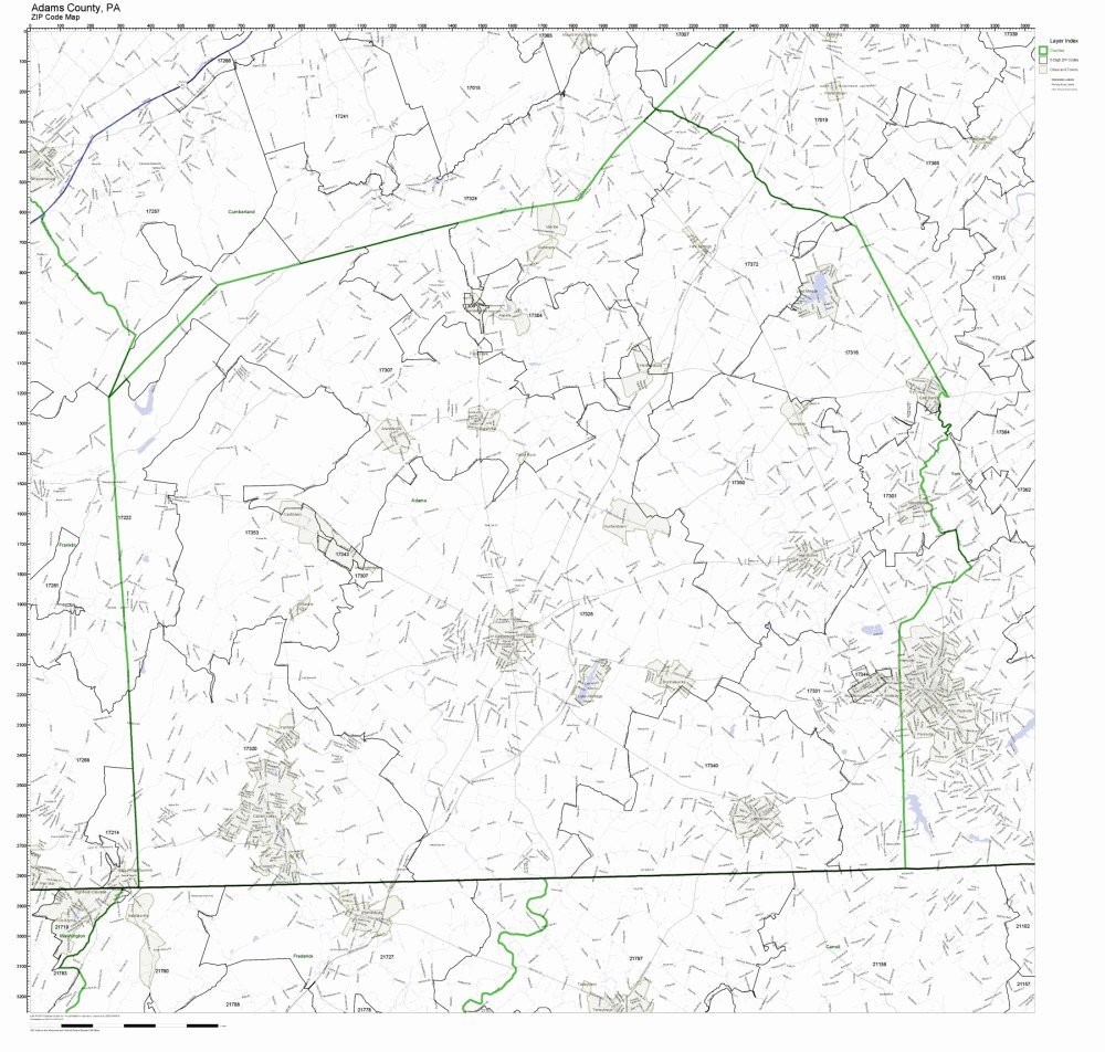 Adams County, Pennsylvania PA ZIP Code Map Not Laminated