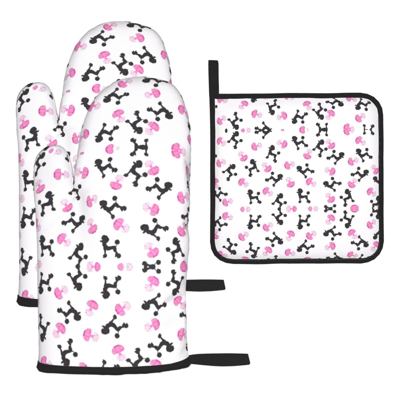 girly pink perfume bottle and poodle 3-Piece Oven Mitt Set - Printed Heat Resistant Gloves with Pot Holder Mat for Cooking Baking BBQ Grill - Polyester Kitchen Accessories