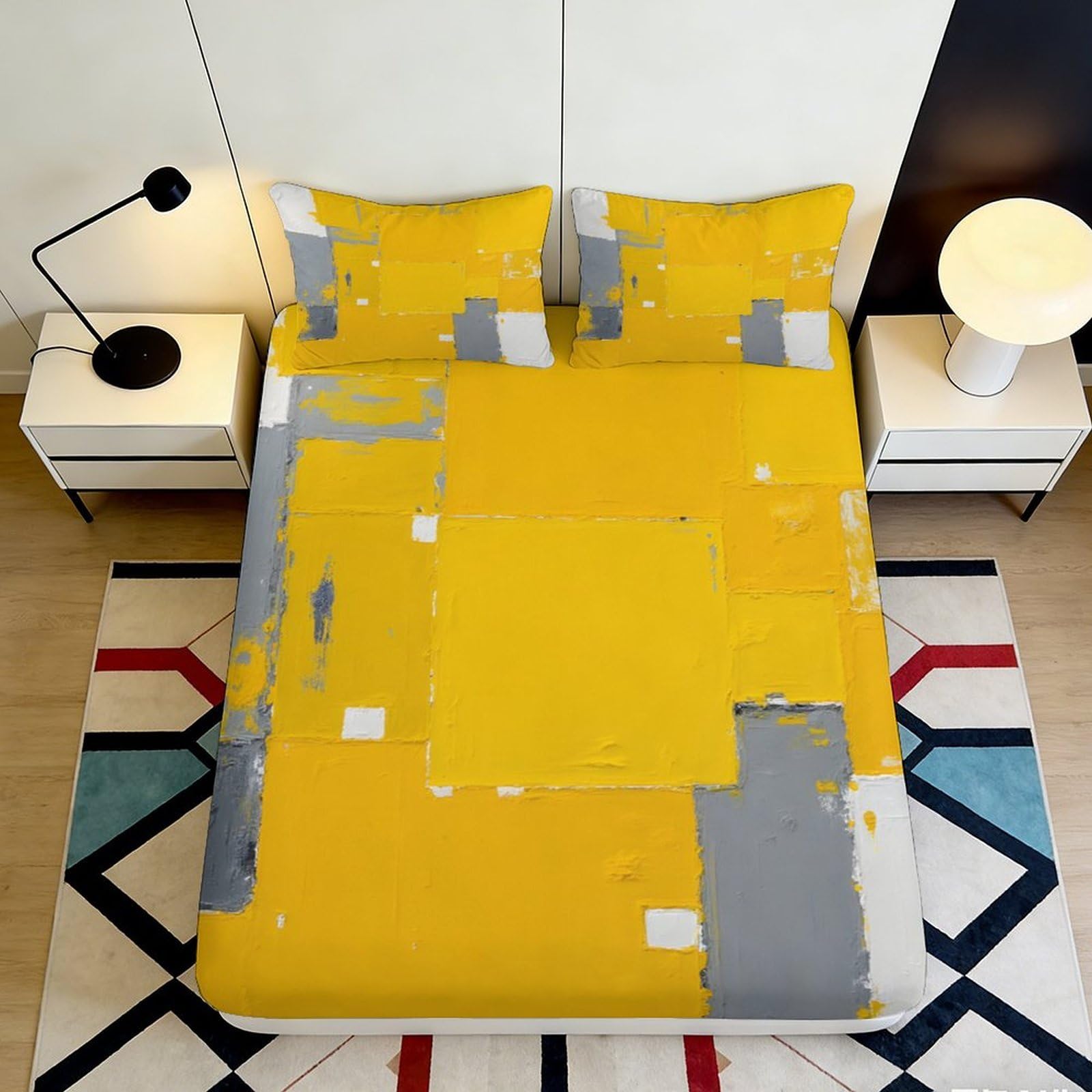 3D Printed Geometric Patchwork Fitted Sheet Microfiber Deep Pocket Non-Slip Bedroom Bedding Patchwork Mattress Fitted Cover Washable for Home 200x200x25cm 90x200x25cm