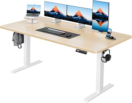 HUANUO 63" x 28" Electric Standing Desk Adjustable Height, 4 Memory Height Settings, Headphone Hook, Cable Manager, Sit Stand Up Desk for Home Office & Computer Workstation, Nature