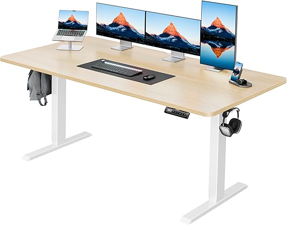 HUANUO 63" x 28" Electric Standing Desk Adjustable Height, 4 Memory Height Settings, Headphone Hook, Cable Manager, Sit Stand Up Desk for Home Office & Computer Workstation, Nature