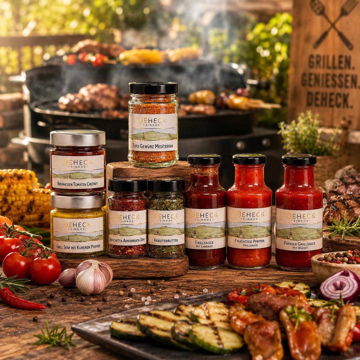 XXL BBQ Set zum Grillen | 8 x Grillsauce, Grillgewürz, Senf & Grill-Dipp | 8 BBQ Feinkost zum Grillen & Würzen für Grillparty & Raclette | Feinkost-Set, Grill-Geschenk & Barbecue Genussbox