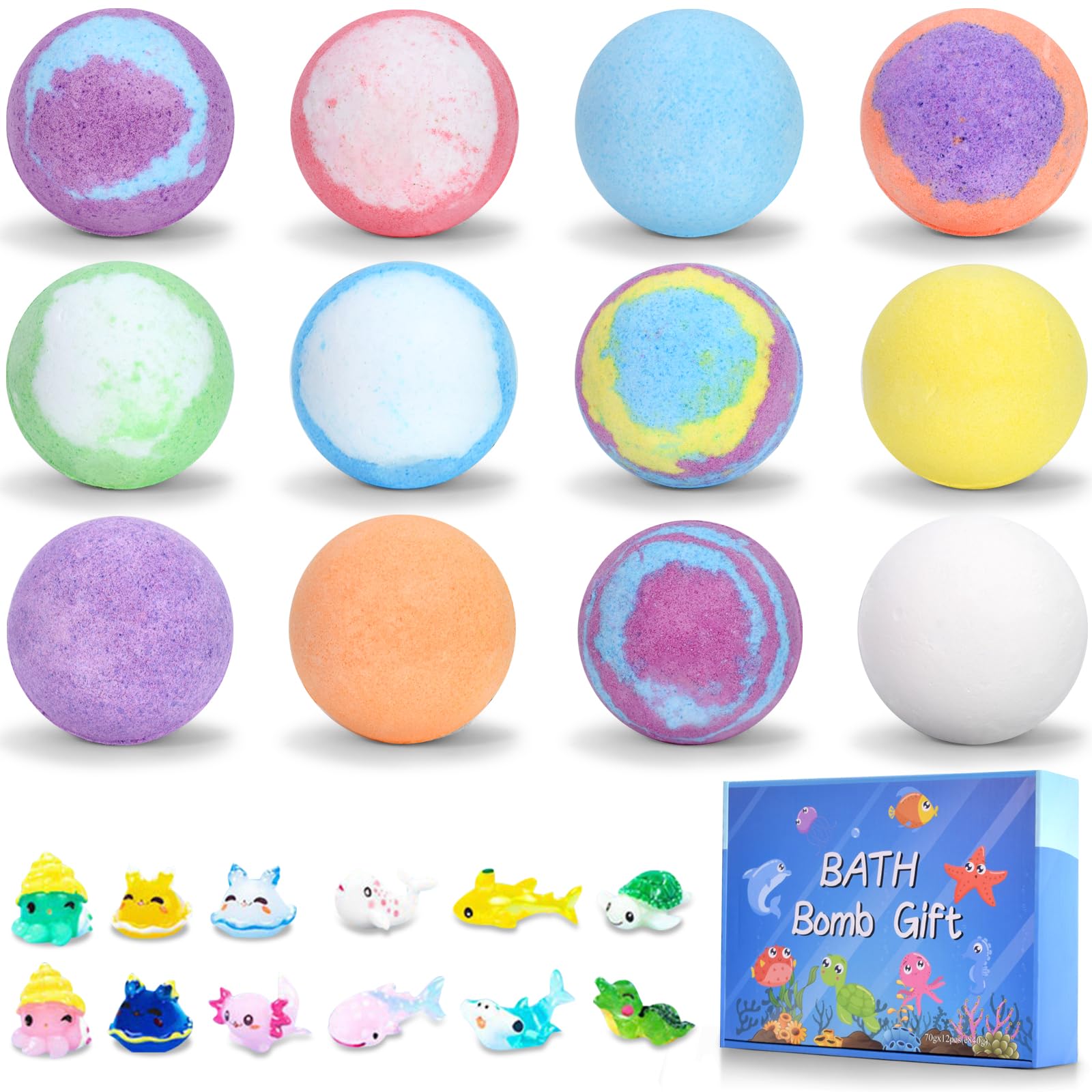 Badekugel, CIMOYBAI bombe de bain,12 pièces boule de bain enfant,bombe de bain surprise,bain moussant enfant,Comprend des jouets surprises pour filles et garçons pour Noël et les anniversaires.