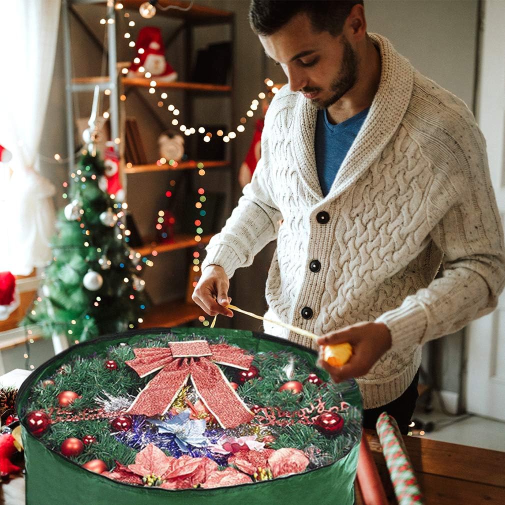 Propik Christmas Wreath Storage Bag 30" - Garland Holiday Container with Clear Window - Tear Resistant Fabric - 30" X 30" X 8" (Green)