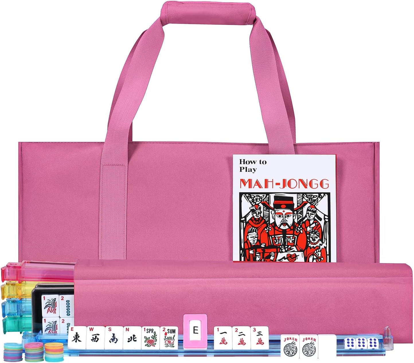 (Similar to) Complete Mahjong Tile Set, American Mah Jongg Sets, Beautiful Mah Jong Game Set, Mahjong Party Supplies with Color Rack & Carrying Bag Dice, for Travel Home Party (Pink Bag)