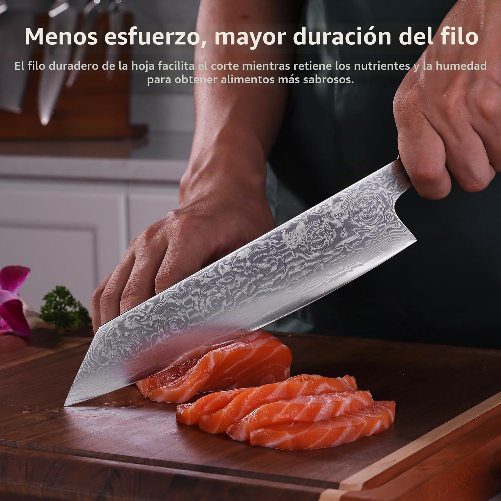 FINDKING Cuchillo Kiritsuke 23cm, Acero Damasco Estilo Japonés BLACK-ROSE | Cuchillo Kiritsuke, hoja 23cm, Acero Damasco, Estilo Japonés, cuchillo cocina, corte preciso, carne verduras