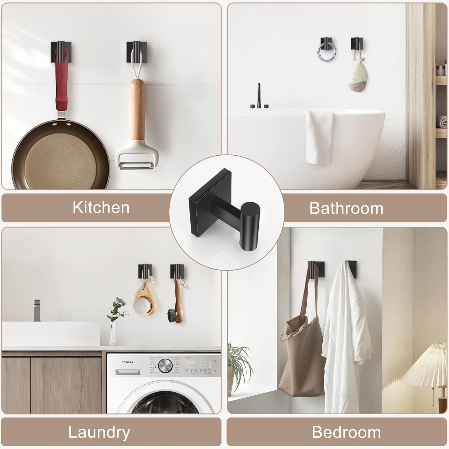 Towel Ring Set 4 Piece Bathroom Hardware Set Includes Towel Ring 2 Towel Hooks and Toilet Paper Holder Stainless Steel Wall Mounted (Matte Black)