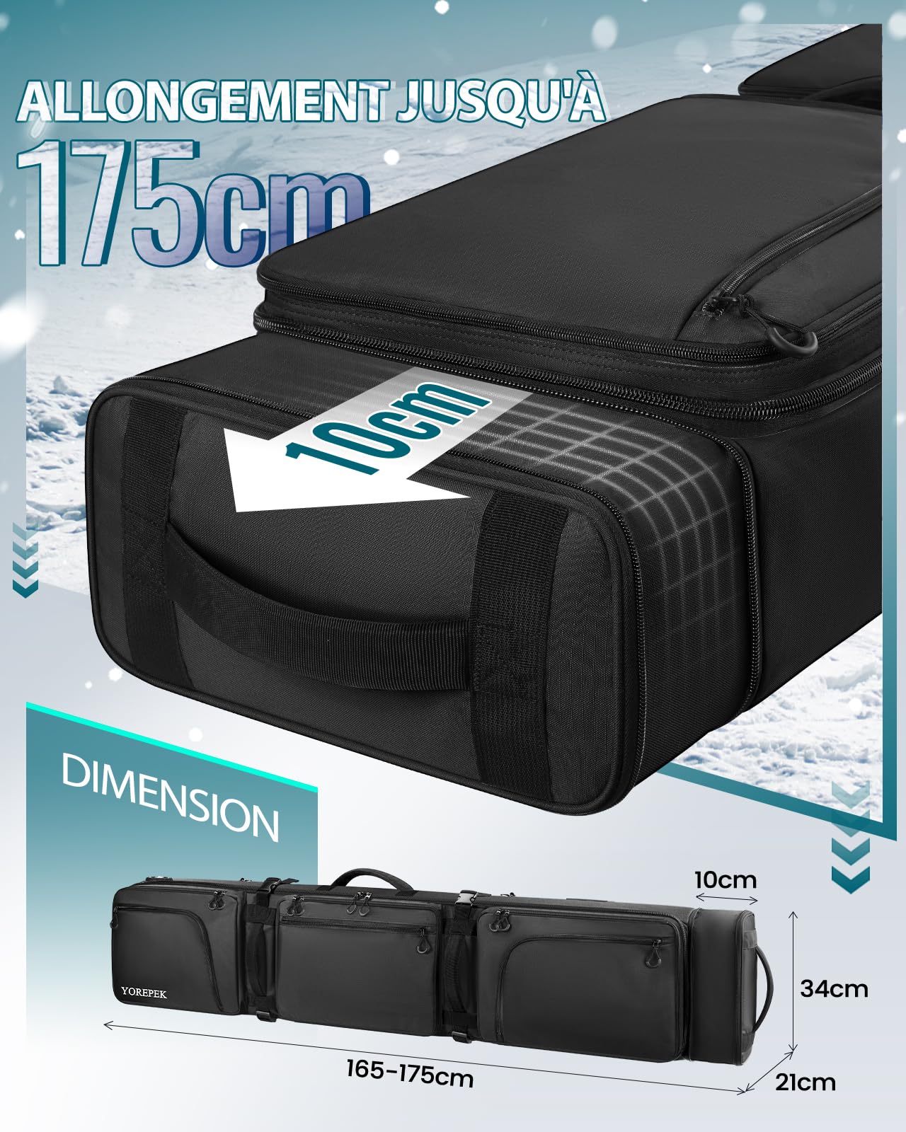 YOREPEK Housse Snowboard avec roulettes, Housse de Snowboard Longueur jusqu'à 160-175 cm, Sac Ski Extensible avec 6 Poches, Imperméable Sac de Ski Homme Femme Adulte Jeune, Cadeau, Noir，Cyan