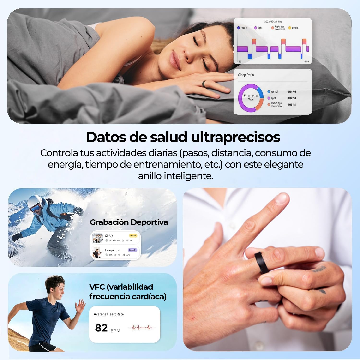 Icoveri Anillo Inteligente 2026 para Hombre y Mujer - Smart Ring con Monitor de Sueño, Pulsómetro y SpO2 - Rastreador de Actividad Física y Salud IP68, Compatible con iOS y Android (Negro, Talla S T9)
