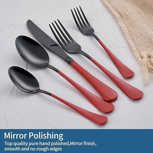 Miniatura 3 de Juego de cubiertos de acero inoxidable 180, color rojo, 20 piezas, color negro, con mango rojo, para 4 cuchillos, tenedores, cucharas, juego de