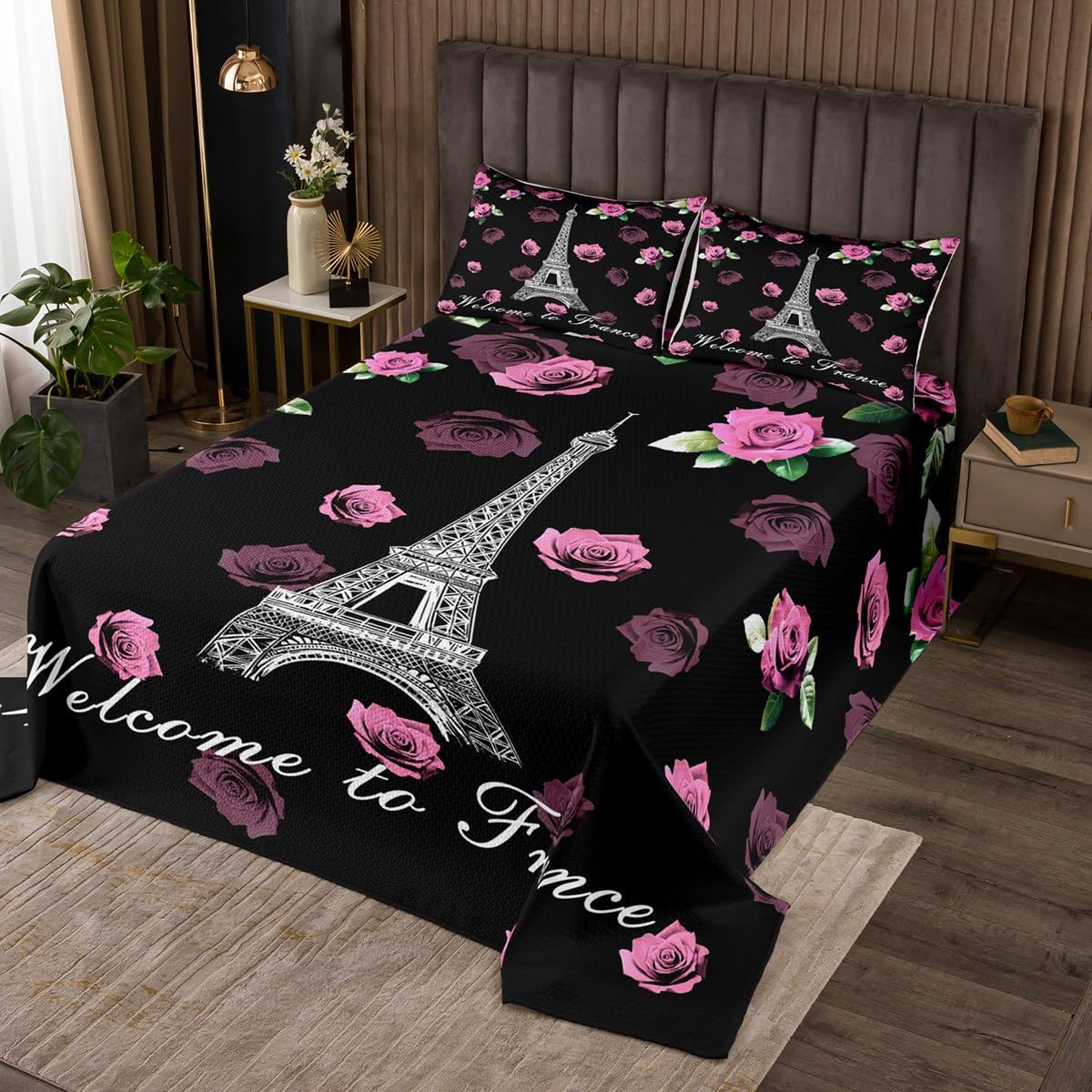 jejeloiu Pink Eiffel Tower Bedspread King Size Paris Coverlet Set for Kids Boys Girls Decor Rose Floral Flower Romantic Modern City Quilted Coverlet Room Decor