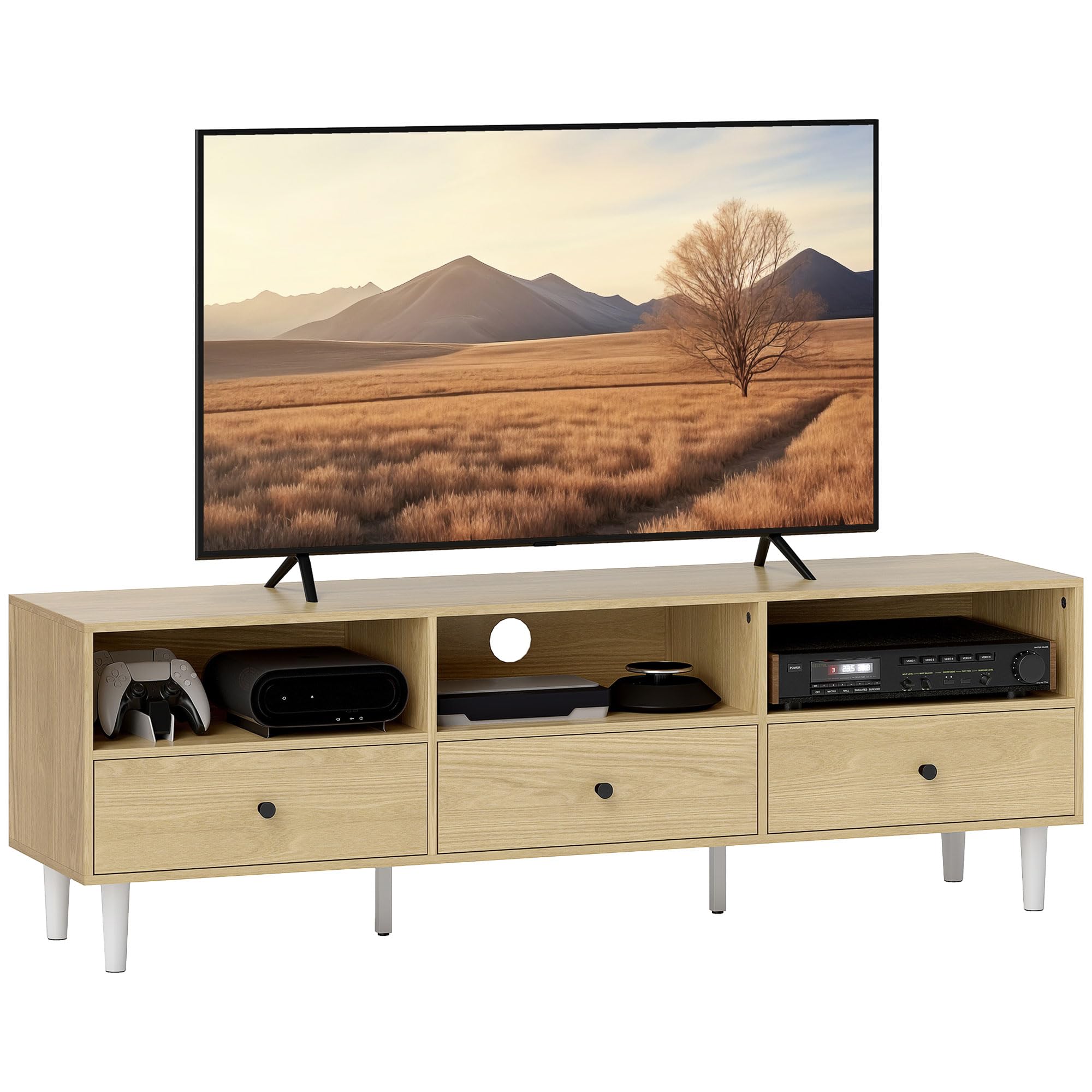scaffale legno tv con 3 cassetti e 3 ripiani aperti managing cavo