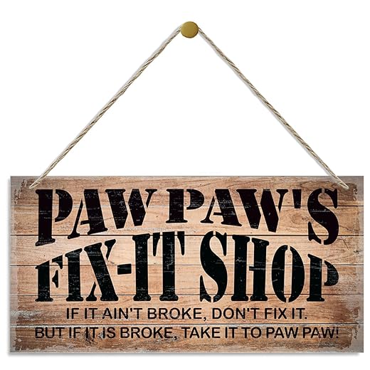 Rustic Decor Sign, Vintage Style Paw Paw's Fix-It Shop Decor Sign, Fix-It Shop Sign, Hanging Decorative Wood Plaque, Printed Wood Art Wall Decor, Paw Paw's Gift, Garage Sign, Gift for Grandpa 12x6 in