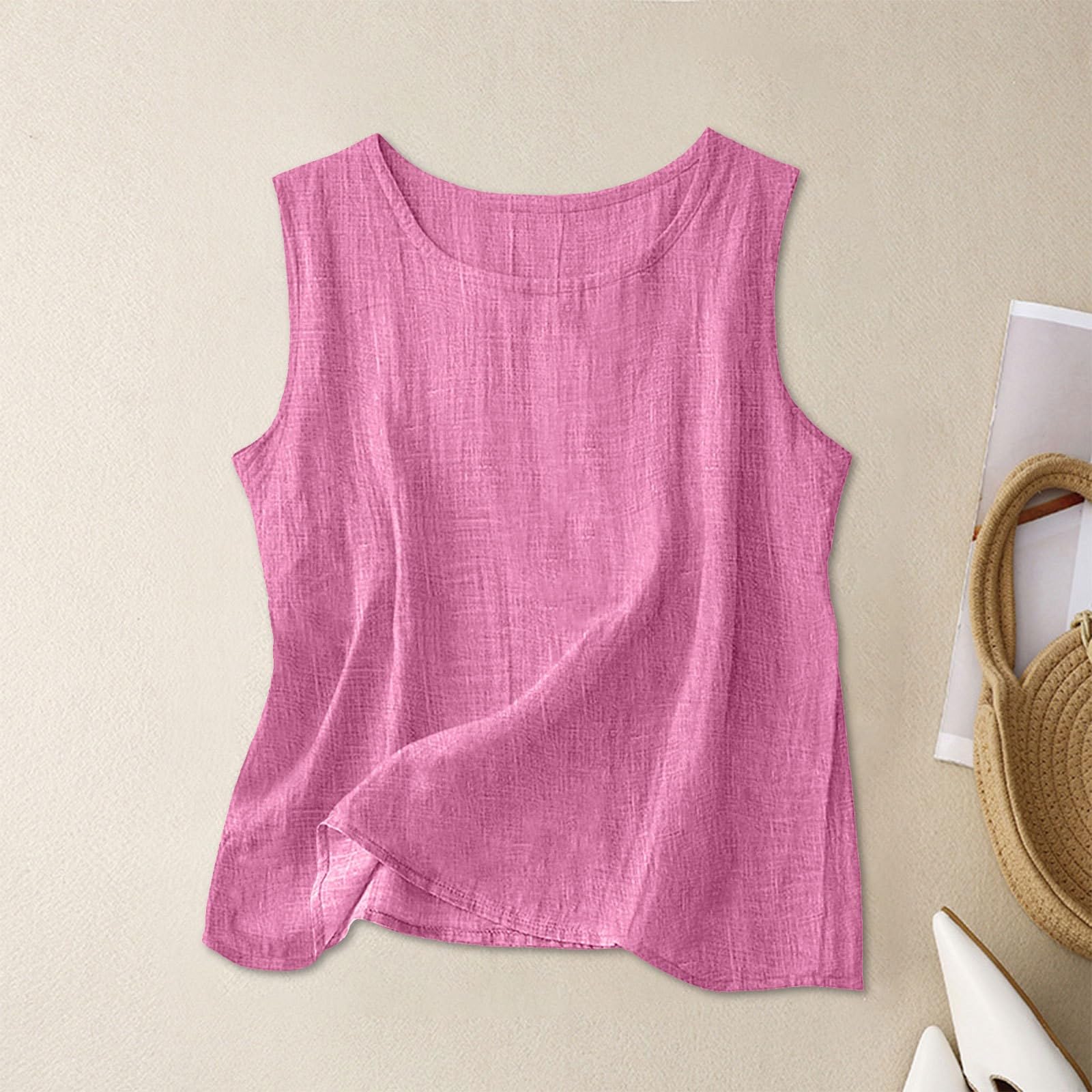 Camiseta de lino para mujer, de verano, cuello redondo, estilo bohemio, informal, ligera, de verano, sin mangas, muselina, blusa, de algodón, con tirantes, holgada, para playa, ropa de playa, camiseta