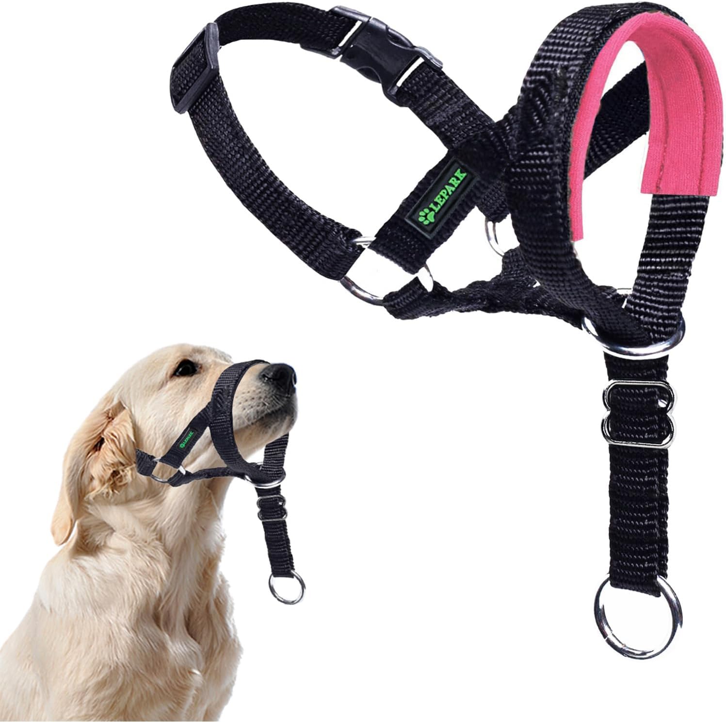 ILEPARK Dog Head Collar with Safety Strap, Head Harness for Dogs to Stop Pulling, Easy to Use, Adjustable & Reflective (M, Pink)