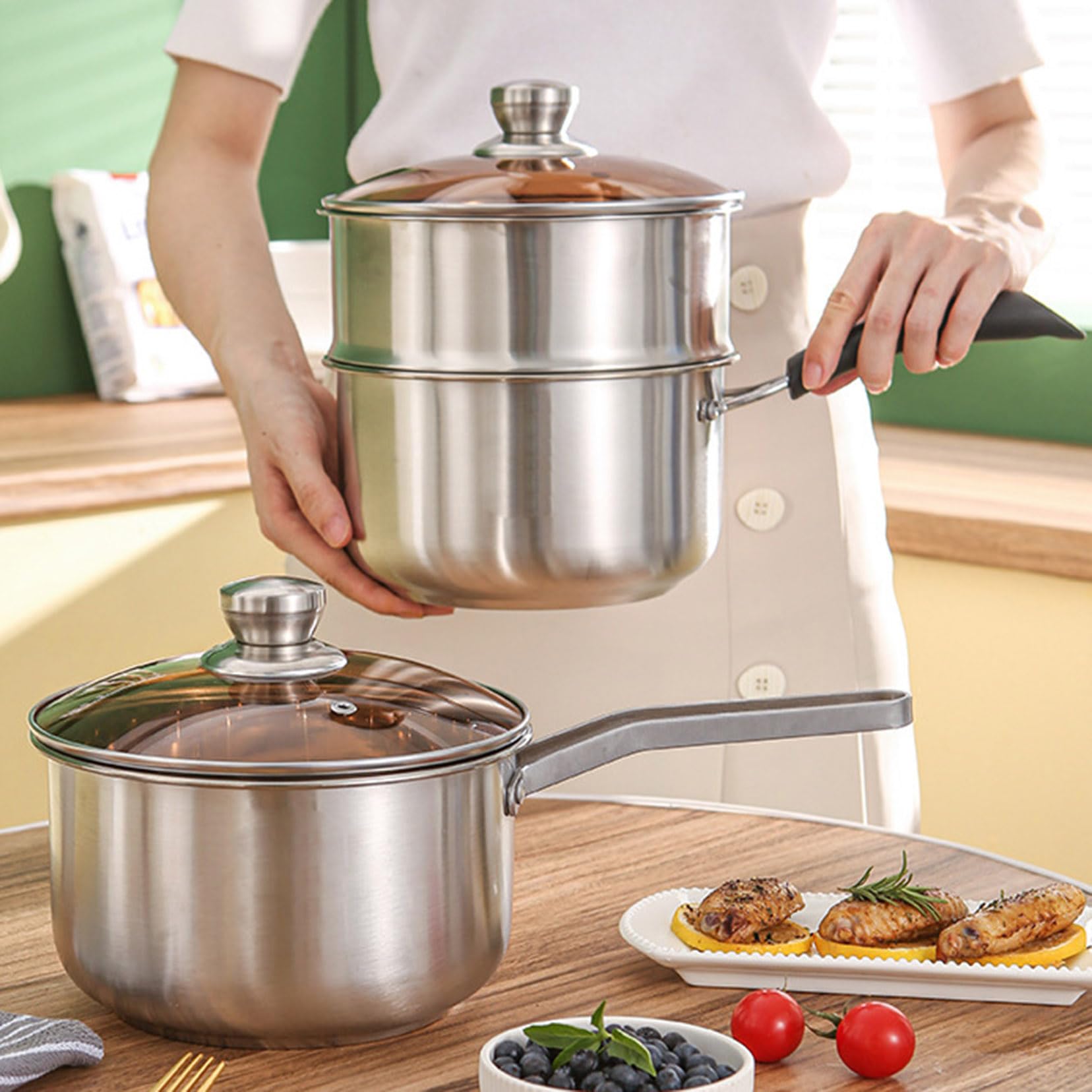 Cacerola de acero inoxidable de 20 cm con tapa de cristal, olla profesional para cocina doméstica, mango resistente al calor, acabado espejo, fácil de limpiar